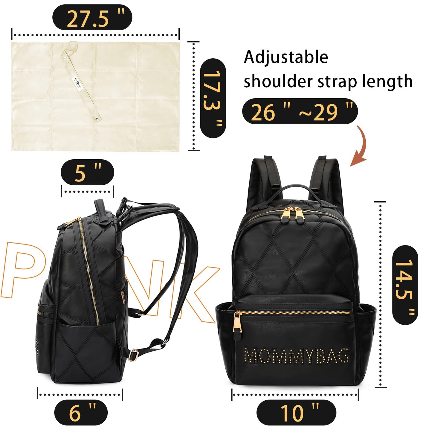 miss fong Diaper Bag Backpack Baby Diaper Bag for baby boy and girls, Leather Baby Bag with 13 diaper bag organizing pouches, Changing Pad, Stroller Straps and 4 Insulated Pockets(Black)