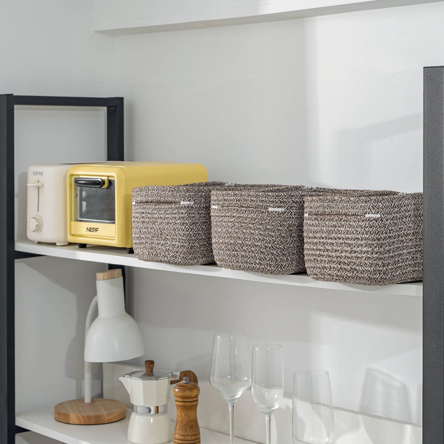 CubesLand Off White Small Storage Baskets for Shelves, Closet Organization Storage Bins Empty Gift Basket Baby Nursery Woven Baskets for Organizing, Rectangular Clothes Closet Shelves Baskets 3 Packs