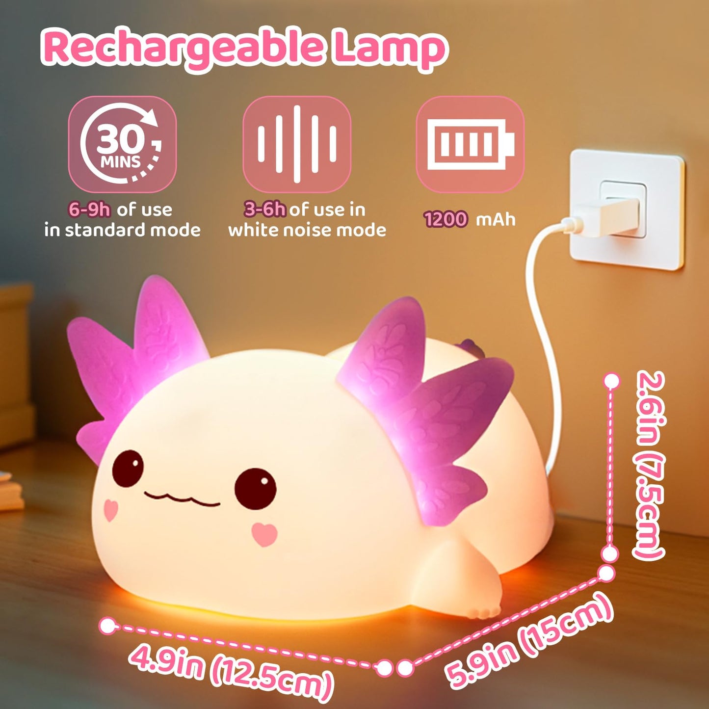 Huggwaii Squishy Axolotl Night Light for Kids – Dimmable Silicone Axolotl Lamp, 2025 Upgraded Baby Night Light, Rechargeable, 20H Battery Life, Sleep Aid Gift for Toddlers, Girls&Room Decor