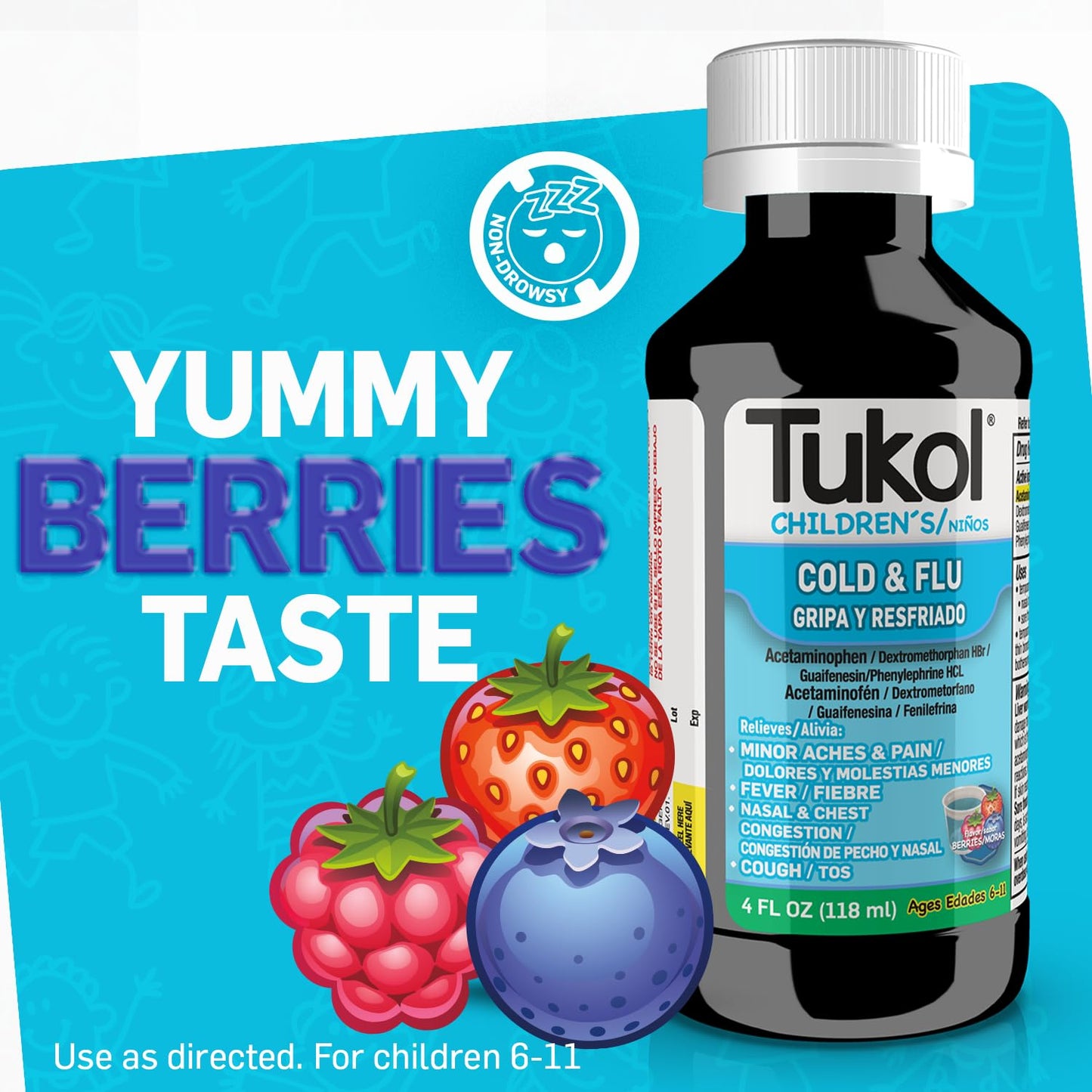 TUKOL Children's Cold & Flu Kids Cold and Flu Medicine, Children's Cough and Cold Medicine, Multi-Symptom Relief for Fever, Aches, Nasal Congestion, Berry-Flavored, 4 fl oz