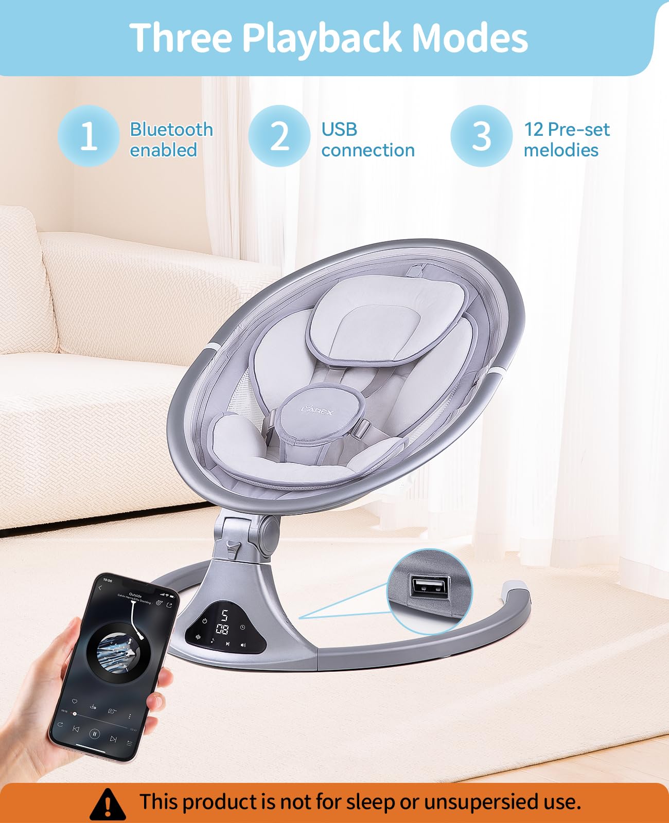 LAREX Baby Swing to Toddler Electric Infant Swing Portable for Newborn Boy Girl, 5 Sway Speeds with Remote Control, 12 Preset Melodies and Bluetooth, 0-6 Months Max 20 Lbs(Dark Wood Grain)