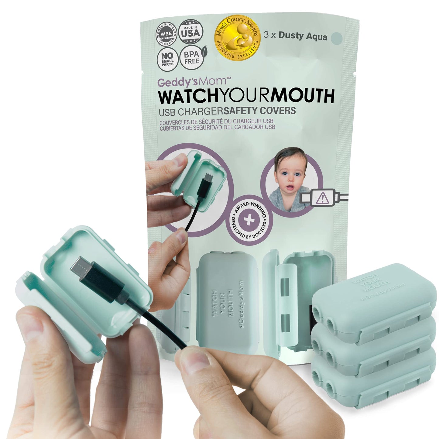 Geddy´s Mom Watch Your Mouth USB Charger Protector Award-Winning Baby Proof Cord Protector| BPA & Phthalate-Free Charger Protector | Electrical Safety Baby Products (3-Pack, White)