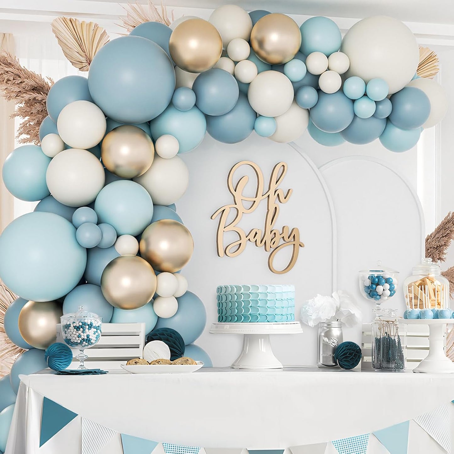 138Pcs Dusty Blue Balloons Arch Garland Kit, Dusty Baby Blue Sand White Metallic Gold Balloons for Bridal Shower Gender Reveal Birthday Baby Shower Decorations