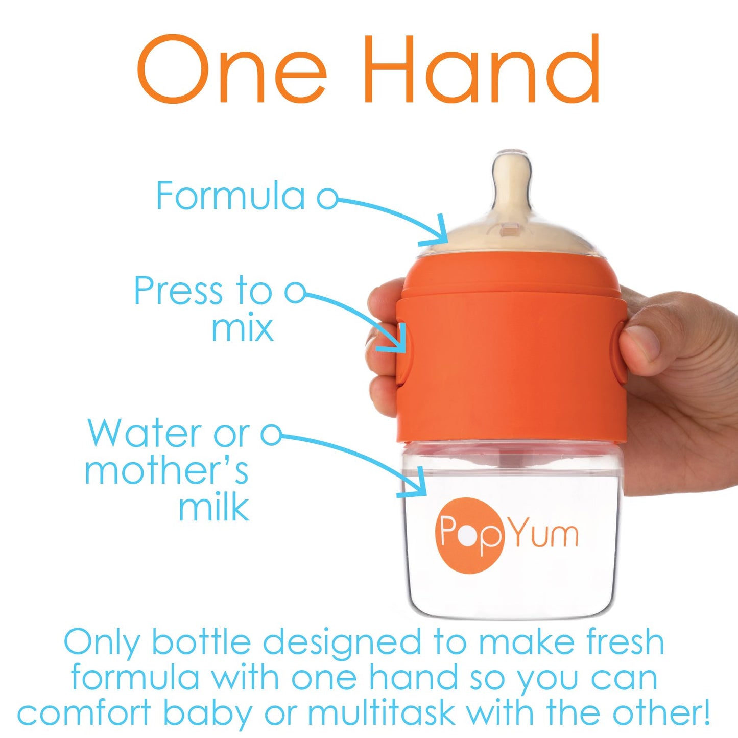 PopYum 9 oz Orange Anti-Colic Formula Making/Mixing/Dispenser Baby Bottle with #2 Medium Flow Nipple, 260 ml, BPA-Free, Natural Latch