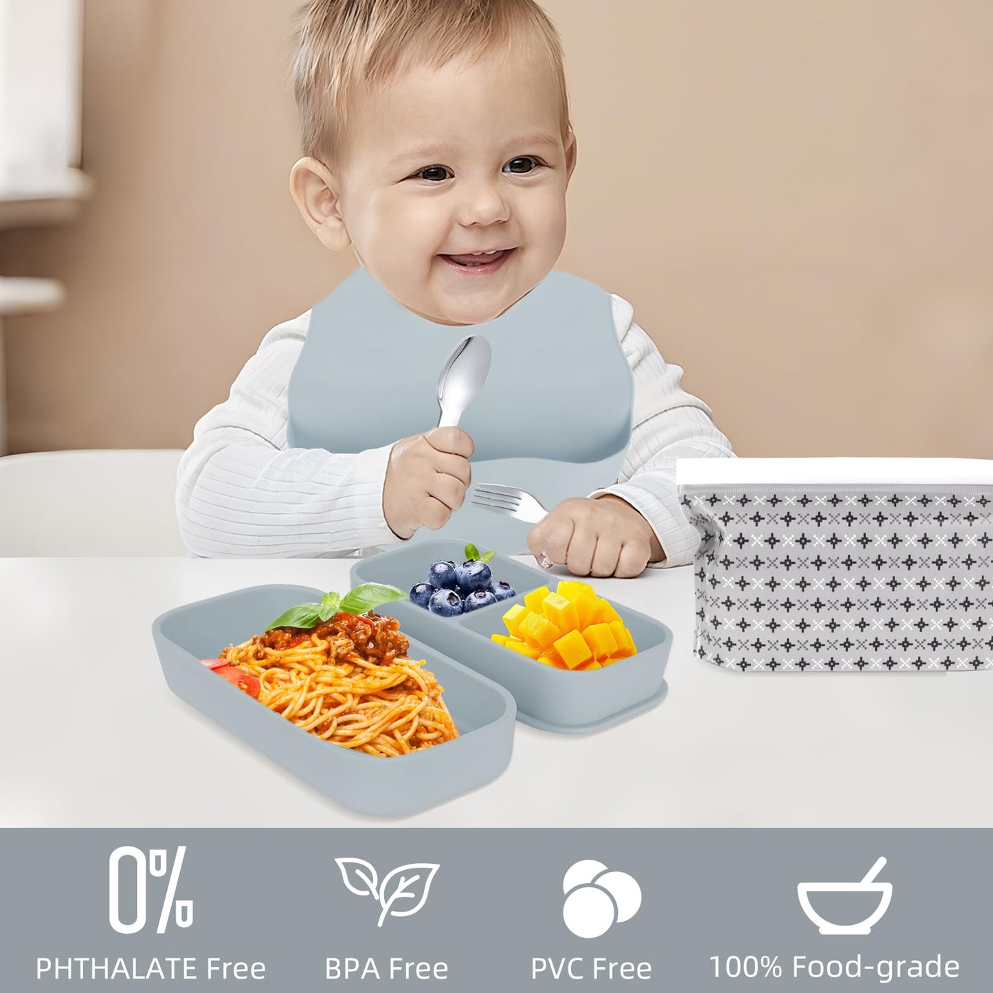 Travel Silicone Baby Feeding Set with 316 Stainless Steel Spoon & Fork ,Silicone Suction Plates, Foldable Bib, Storage Bag - Portable Infant Toddler Utensils, 6-Piece BPA-Free Dishware Kit(gray)