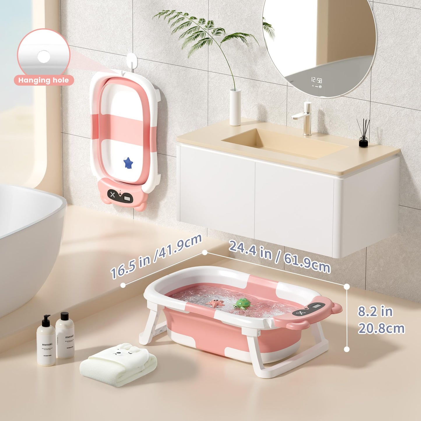 Collapsible Baby Bathtub for Newborn to Toddler (0-18 M) - Portable Baby Tub with Thermometer, Newborn Bathtub with Soft Towel and Floating Cushion (Brown)