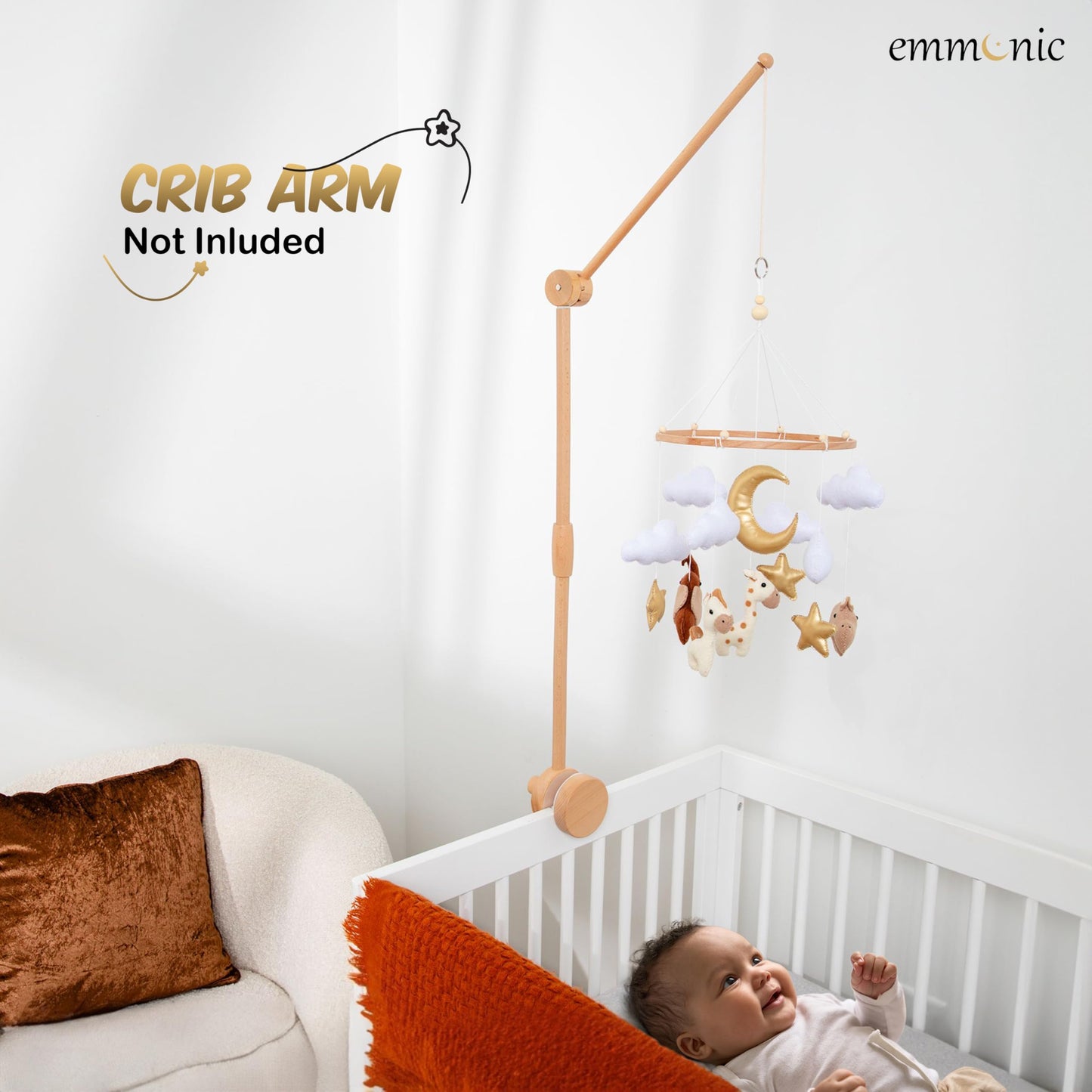 Baby Mobile for Crib - Handmade Modern Boho Baby Mobiles for Bassinet Felt Nursery Mobile Gender Neutral - Gold Moon and Stars - Girl Cribs Decorations