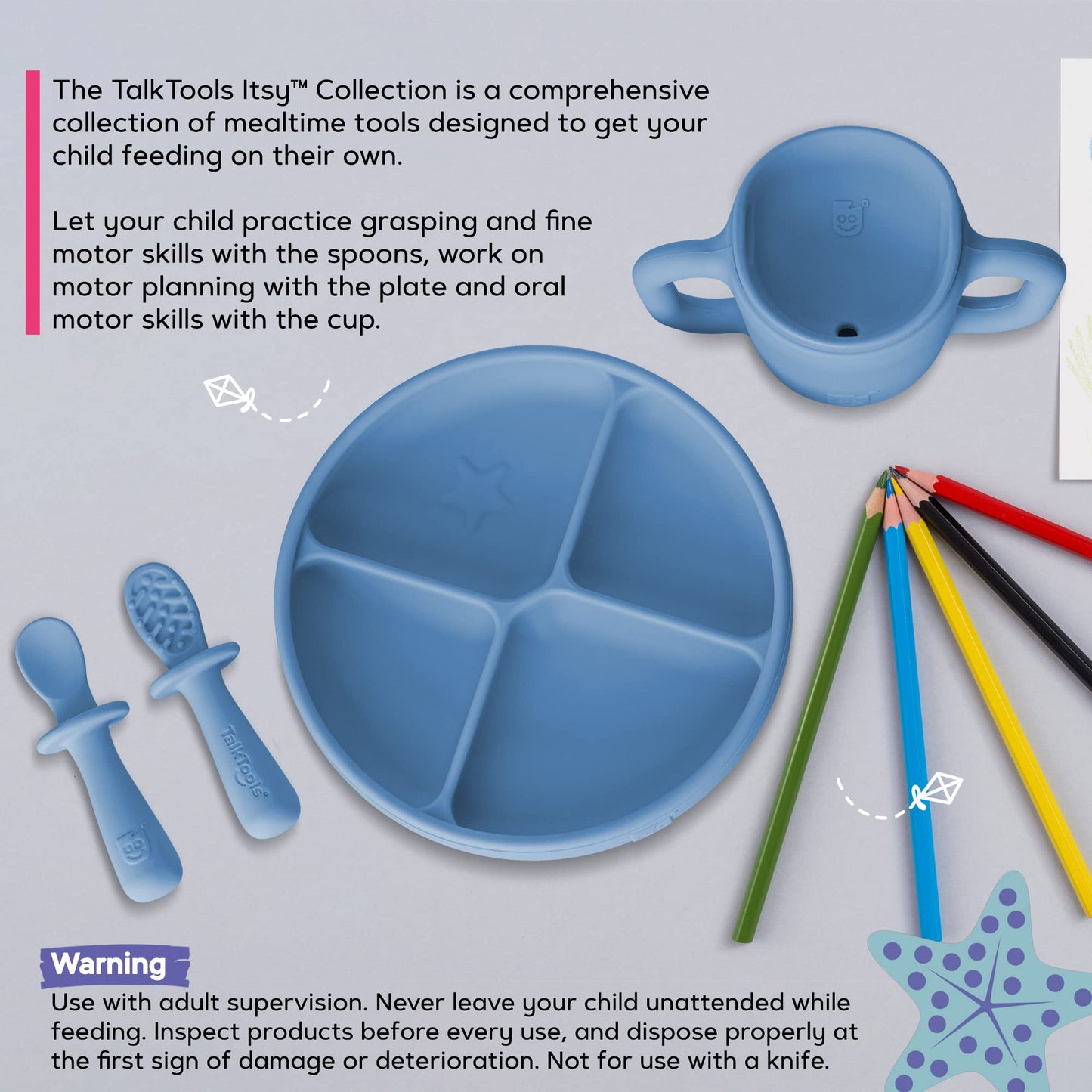 TalkTools ITSY Baby Utensil Set – Silicone Training Cup, Plate and Twin Spoon Pack for Toddlers| Infant First Food Self Feeding Silicone Training Set (Bubblegum)