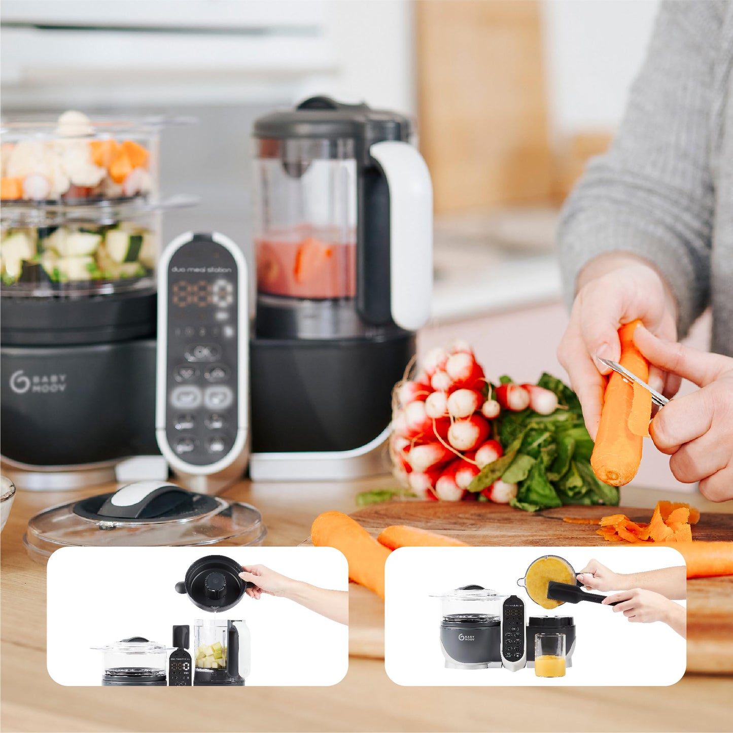 Babymoov Duo Meal Station 6 in 1: Multi-Speed Baby Food Maker Steamer and Puree Blender, Baby Food Processor that warms & defrosts (Nutritionist Approved), Mineral Beige