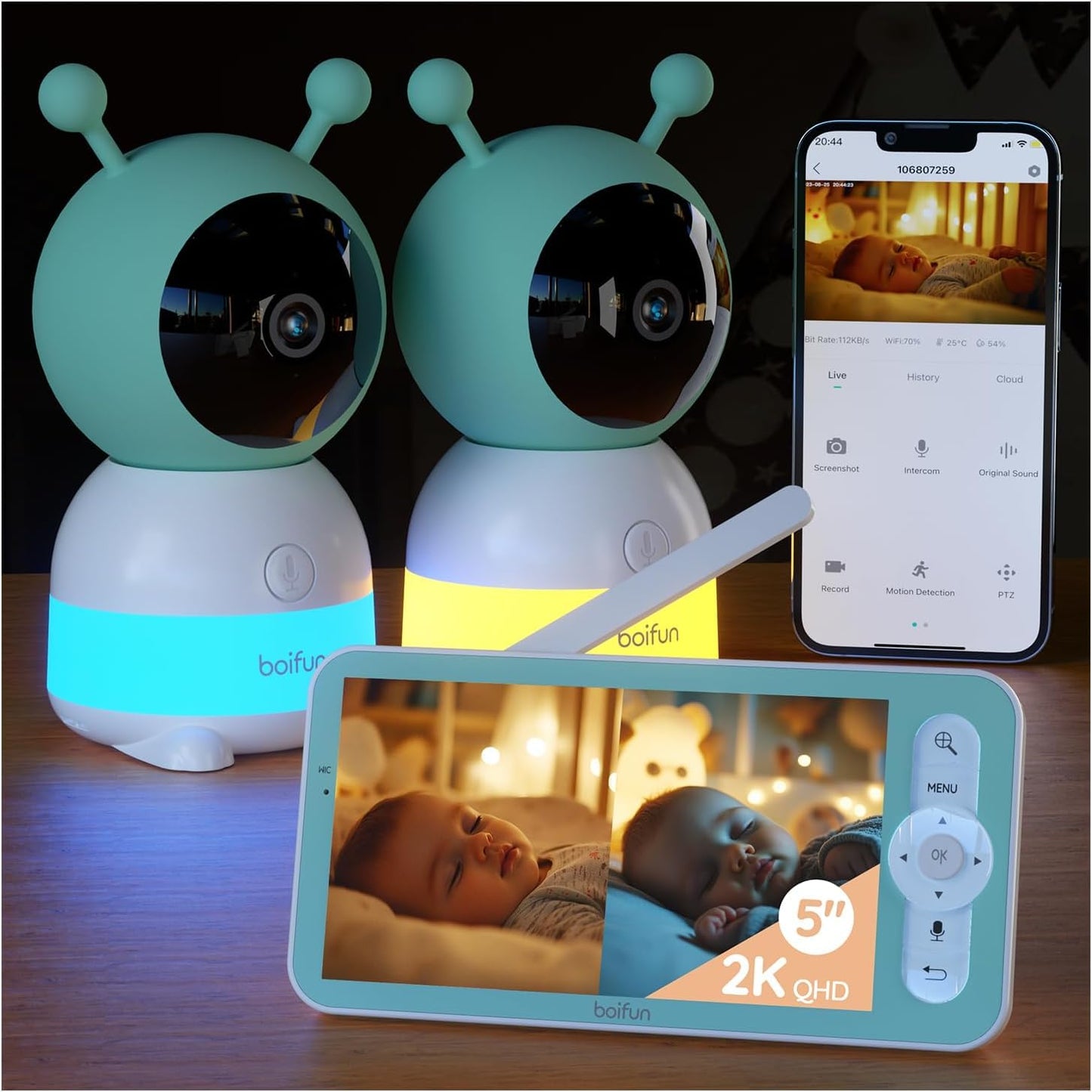 BOIFUN 2K WiFi Baby Monitor with Camera and Audio,Smartphone APP, Colorful Night Light, Smart AI Motion & Sound & Humidity & Temperature Detection, Auto Tracking,5-Inch Monitor Control, Night Vision