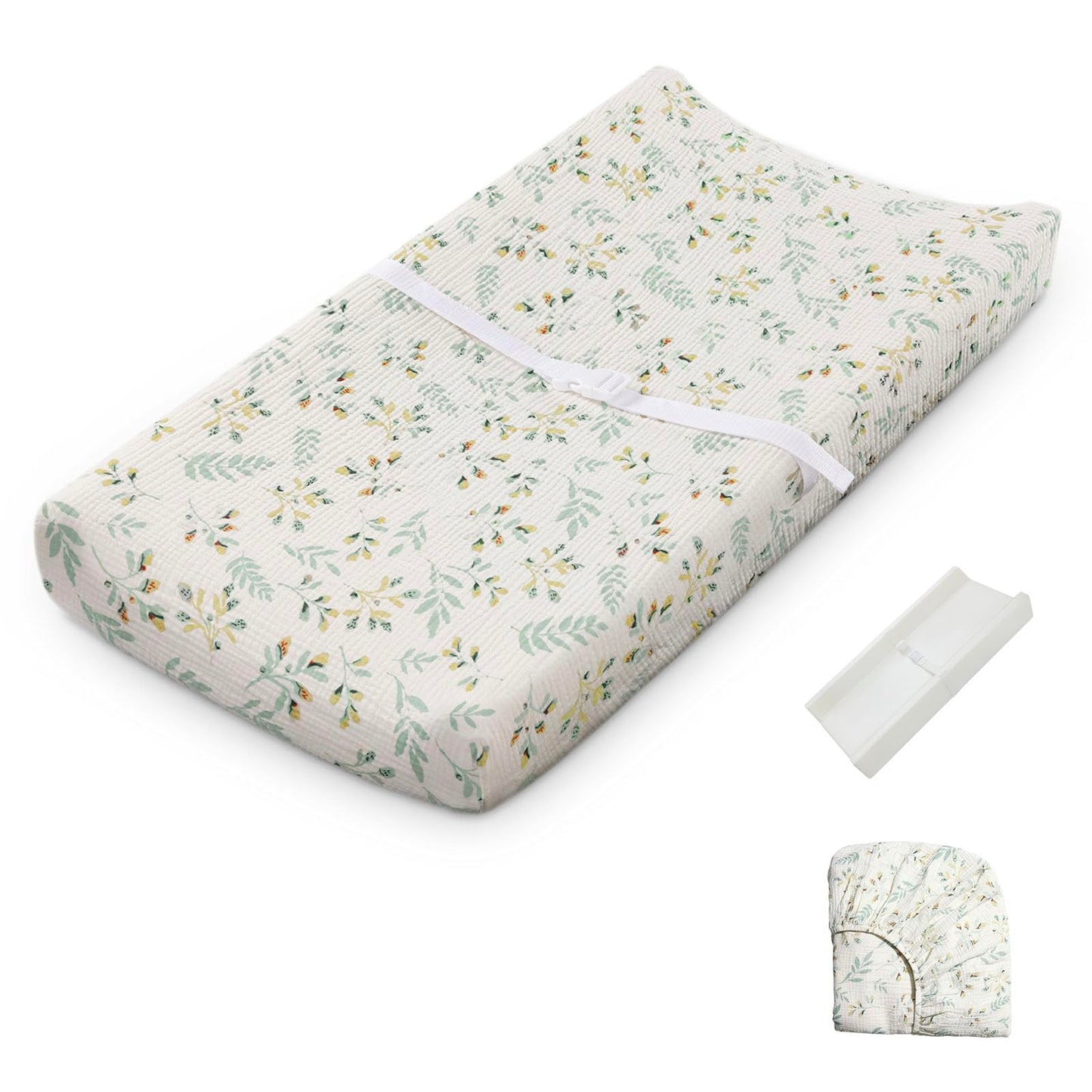 Blissful Diary Muslin Baby Changing Pad with Waterproof Lining Foam, Diaper Changing Table Pad with Cover for Dressers (Monstera, Avocado)