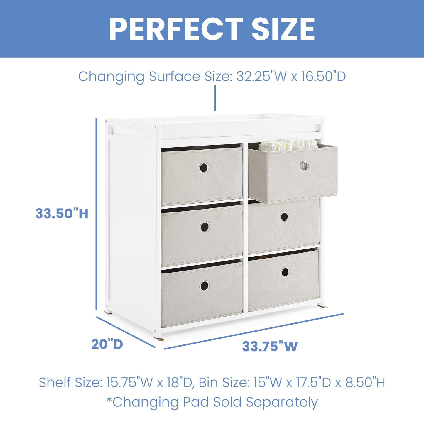 Delta Children Hayes Changing Table and Dresser for Bedroom with 6 Fabric Drawers, Charcoal Grey/Flax