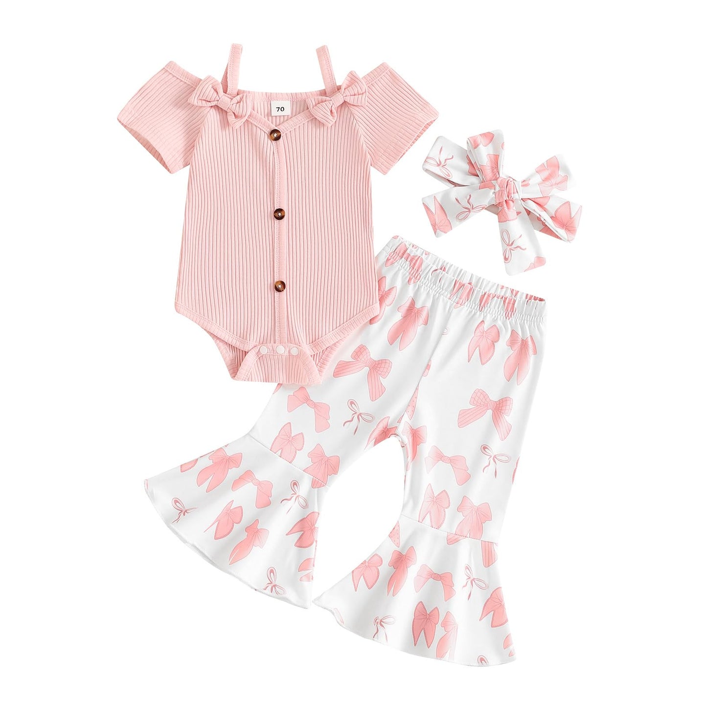 Fernvia Infant Baby Girl Clothes Suspenders Short Sleeve Ribbed Romper Flared Pants Set Headband 3pcs Summer Outfit