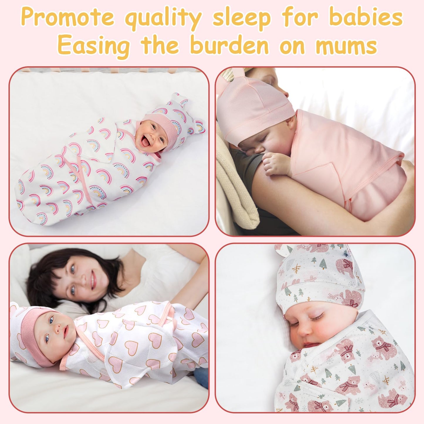 Ramede 6 Pack Baby Swaddle Blanket with Hats Sleep Swaddle for 0-3 Months Newborn Sacks Soft Cotton Wearable for Boy Girl