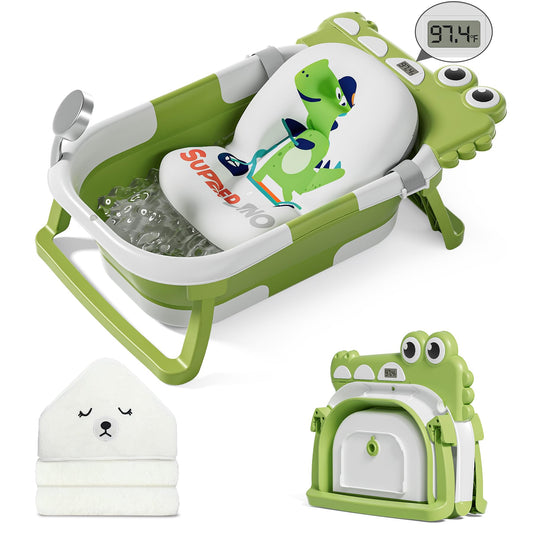 MoreFeel Collapsible Baby Bathtub for Newborn with Thermometer & 1 Hooded Towel & 1 Soft Floating Cushion,Portable Travel Bathtub with Drain Hole, Durable Foldable Baby Tubs for Infants to Toddler
