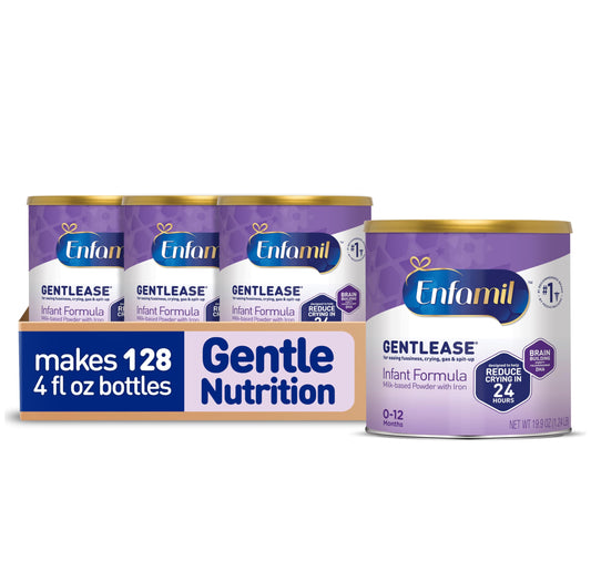 Enfamil Gentlease Baby Formula, Clinically Proven to Reduce Fussiness, Crying, Gas & Spit-up in 24 hours, Brain-Building Omega-3 DHA & Choline, Infant Formula Powder, Baby Milk, 19.9 Oz Can, 4 Count