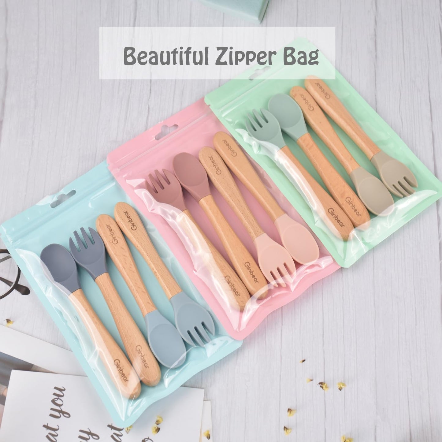 Ginbear Silicone Baby Spoons and Forks Self-feeding 12-18 Months, Soft-Tip Baby Flatware Sets, Toddler Feeding Utensils for Child, 4 Piece Set (Hazy Green/Almond)