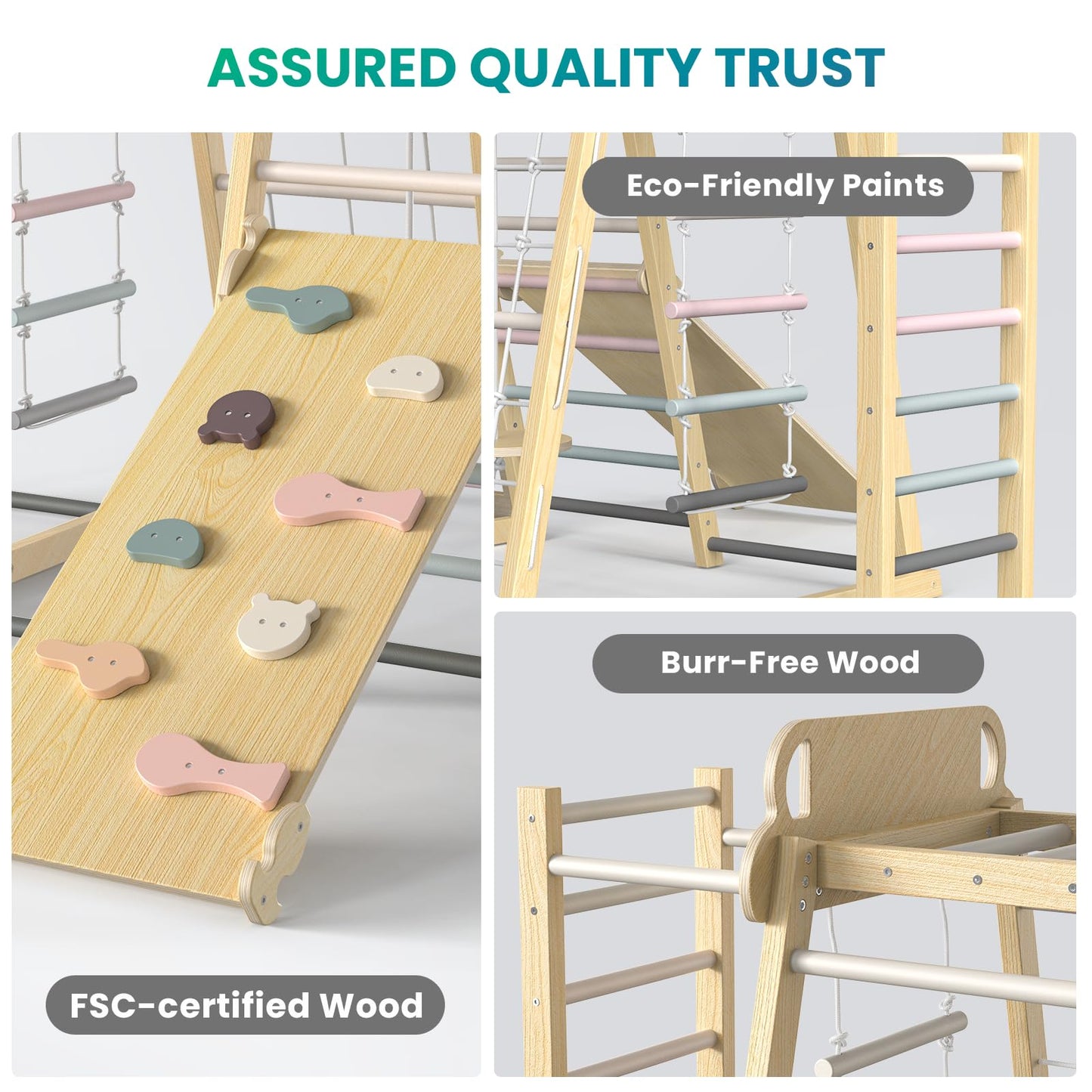 Upgraded Indoor Playground 9-in-1 Jungle Gym Kids Climbing Toys, Montessori Philosophy Waldorf Style Wooden Climber Playset with Slide, Swing, Monkey Bars, Upright/Rope Ladder, Climb Net, Rainbow