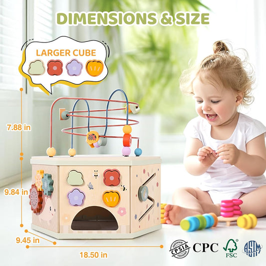 Large Wooden Activity Cube for Toddlers, 9 in 1 Educational Baby Activity Cube, Montessori Toys for 1+ Year Old Boys & Girls, Cute Zoo Theme Baby Cube Toy Sorting & Stacking Game, 1st Birthday Gift