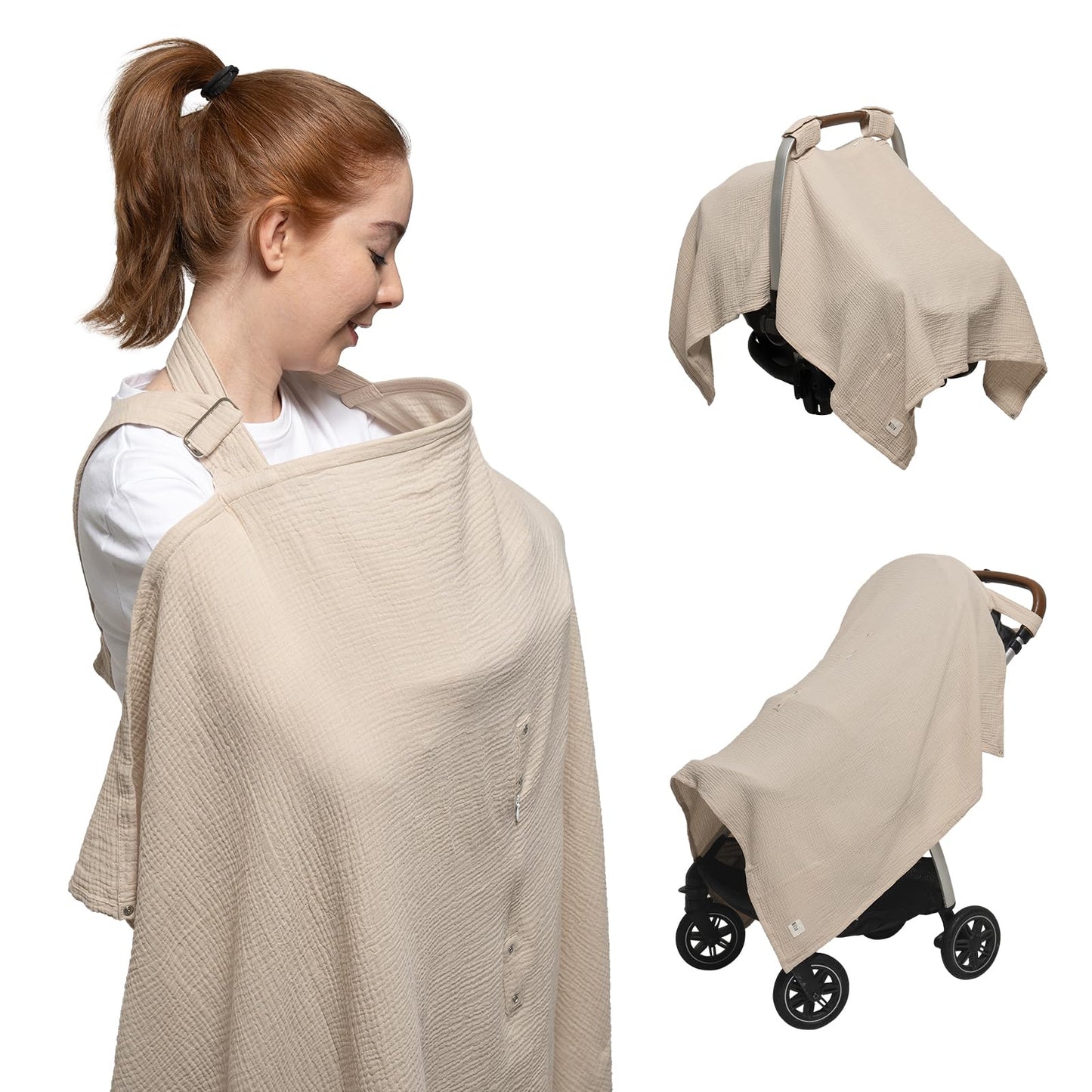 Nilsa 5-in-1 Muslin Nursing Cover up for Breastfeeding & Baby Car Seat Cover - Breathable Breastfeeding Cover With Rigid Hoop - 100% Cotton Privacy Apron Breast Feeding Covers For Women (Blush)