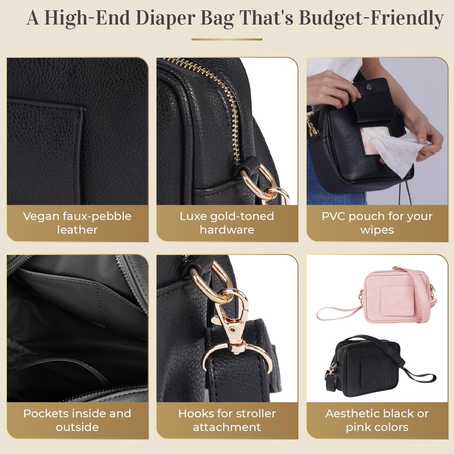 Crossbody Diaper Bag Purse with Wipes Dispenser - Stylish Vegan Leather Baby Wipes Holder Clutch for Women - Multipurpose Luxury Diaper Bag Pouch Can Hold 20-30 Various Types of Wipes - Pink