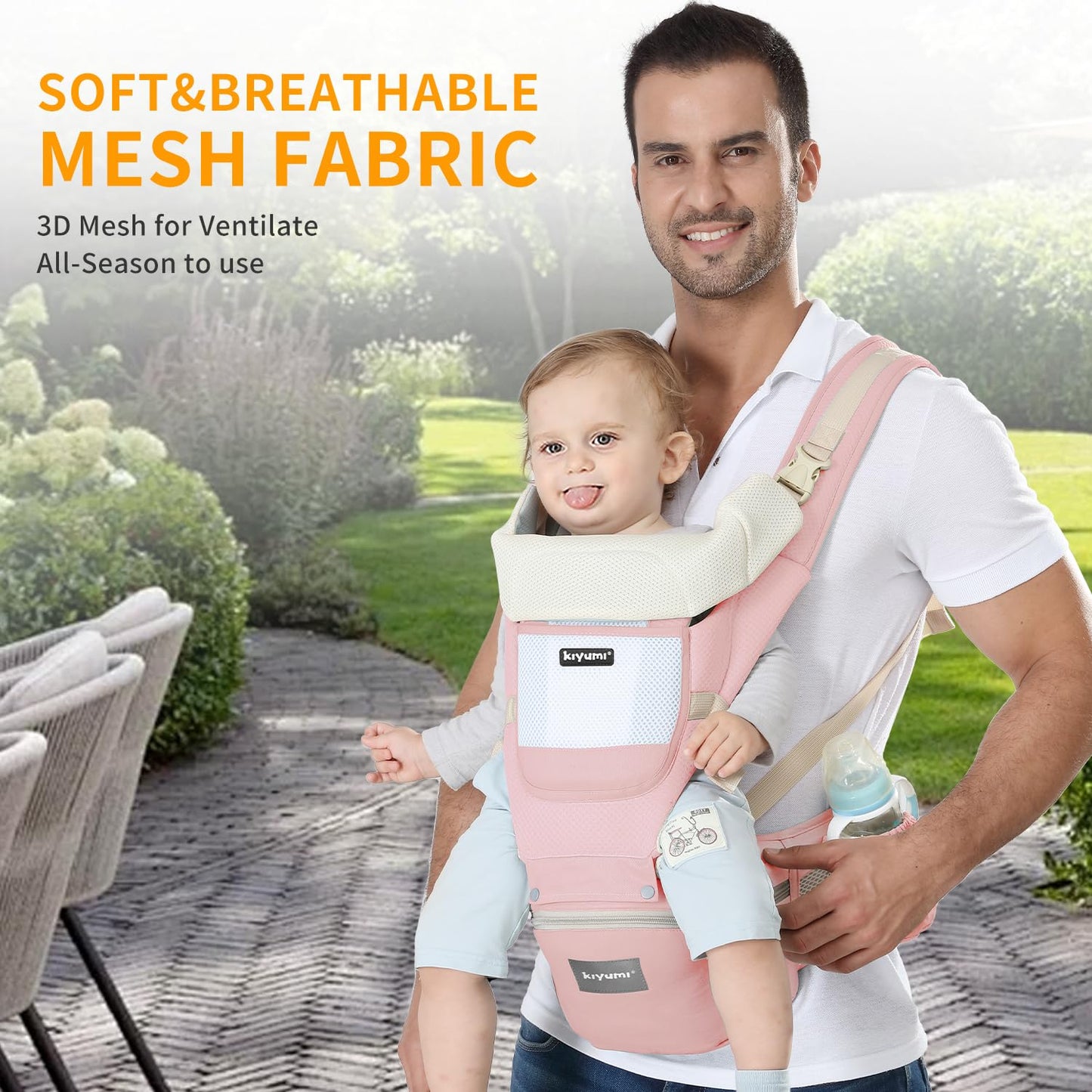 KIYUMI Baby Carrier with Hip Seat, 6- in-1 Baby Carrier Newborn to Toddler, Ergonomic M Position with Head Support and Breathable Mesh,Adjustable Removable Baby Sling Carrier (7-45 lbs) BXLU