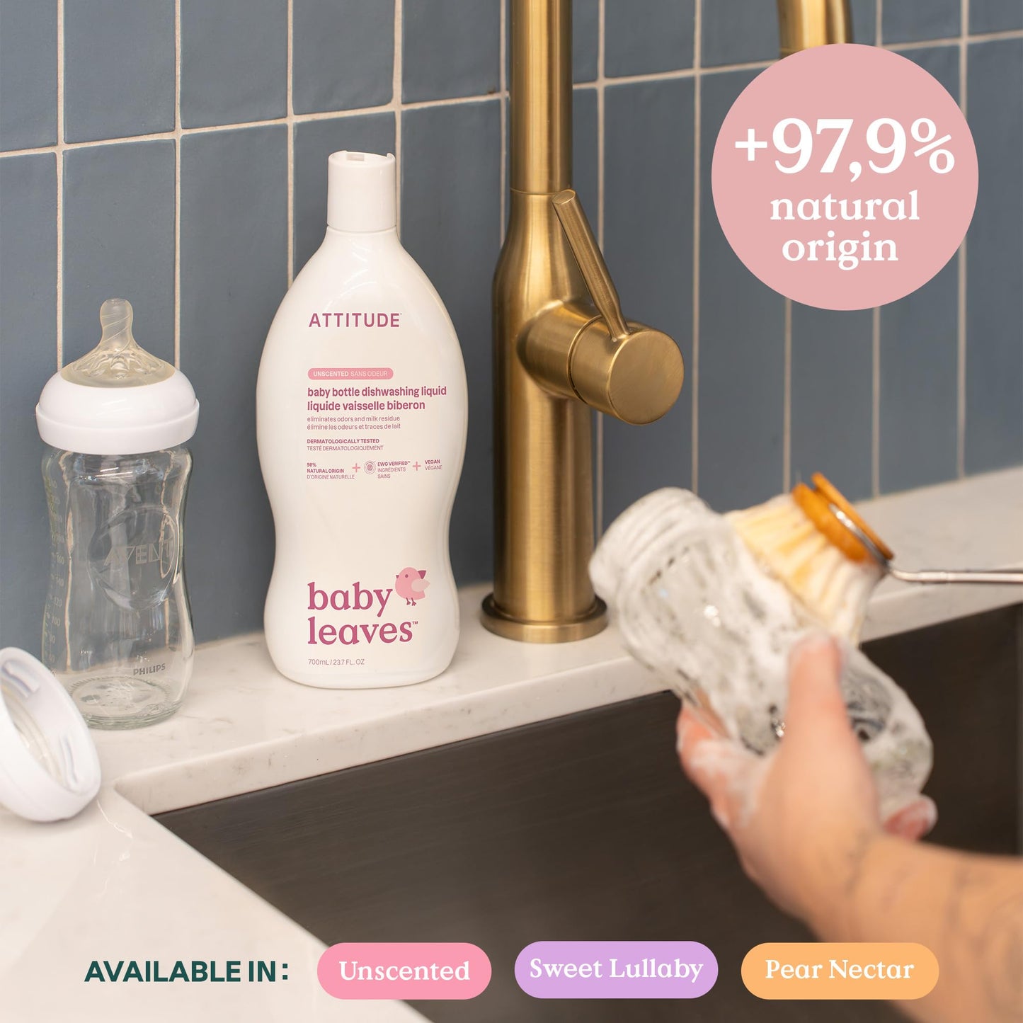ATTITUDE Baby Dish Soap and Bottle Cleaner, EWG Verified Dishwashing Liquid, No Added Dyes or Fragrances, Tough on Milk Residue and Grease, Vegan, Pear Nectar, 23.7 Fl Oz