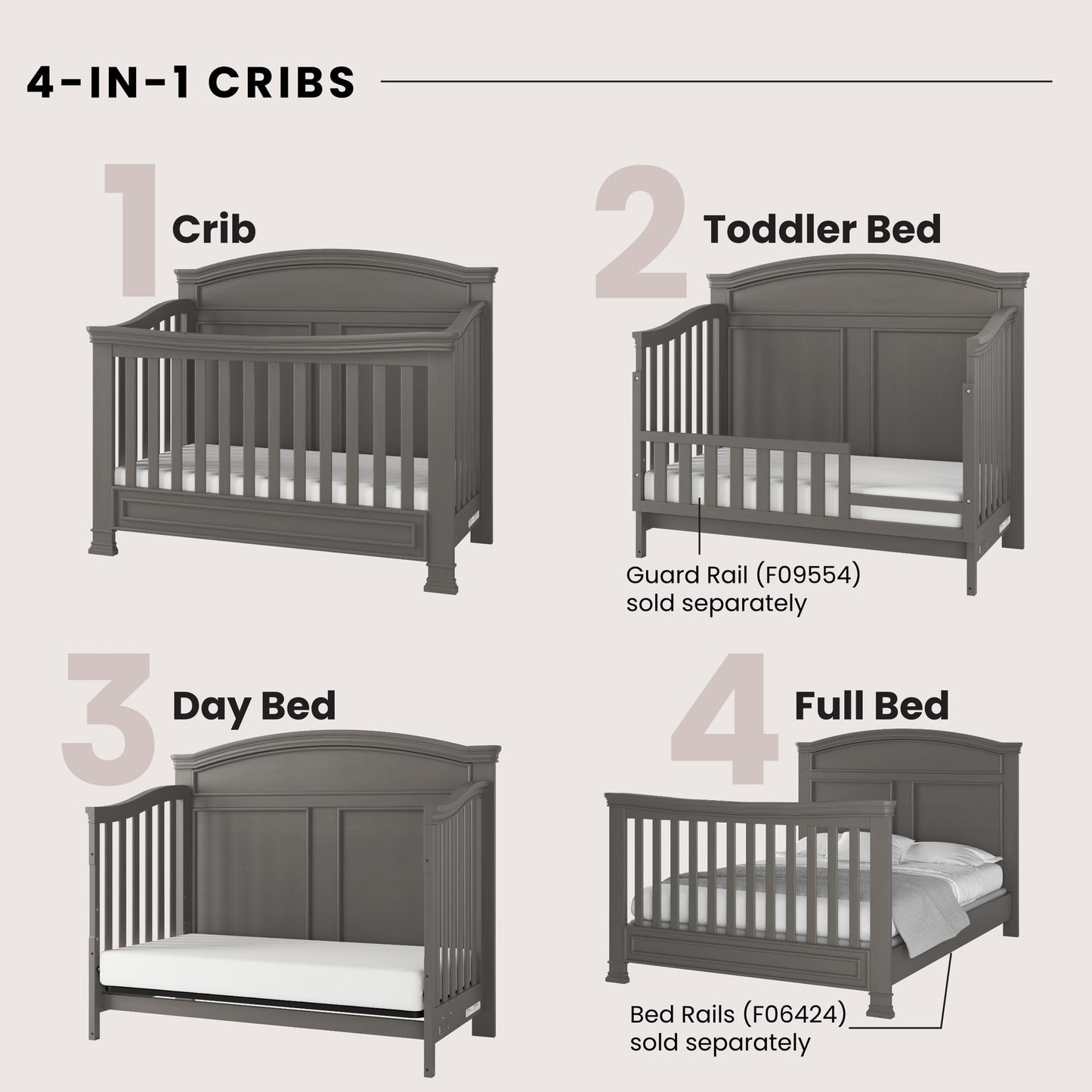 Child Craft Legacy Westgate 4-in-1 Convertible Crib, Baby Crib Converts to Day Bed, Toddler Bed and Full Size Bed, 3 Adjustable Mattress Positions, Baby Safe Finish, Fully Assembled (Vintage Linen)