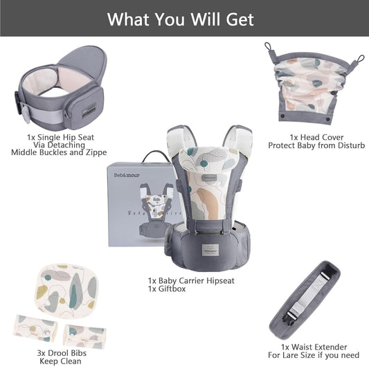 Bebamour Baby Carrier Newborn to Toddler-2 in 1 Hip Seat & Carrier Front and Back Carry with Head Hood & 3 Pieces Teething Pads& Waist Extenders & Storage Bag 0-36 Months (Grey)