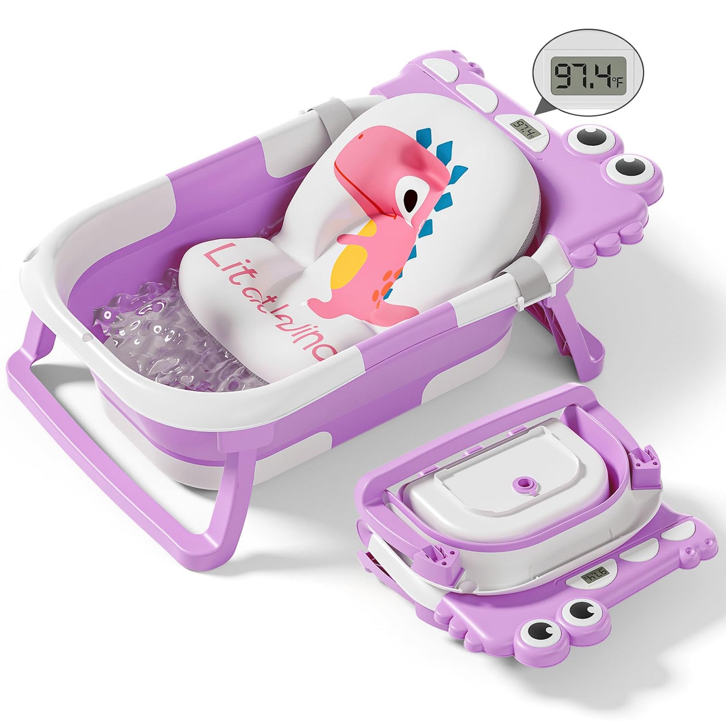 Collapsible Baby Bathtub for Newborn, Foldable Baby Bath Tub with Thermometer & Soft Floating Cushion & Drain Hole, Portable Travel Infant Bath Tubs for Newborns to Toddler 0-36 Months Girl, Pink