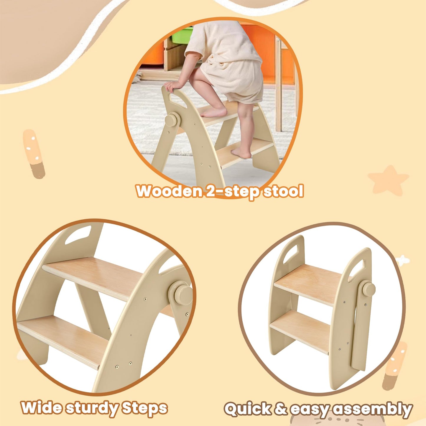 Wooden Step Stool, Two Step Stools, 300 lb. Load Capacity, with Safety Non-Slip Pads and Handles, Bamboo Step Stool for Bathroom and Kitchen, Children's Double Height Step Stools(Pink)