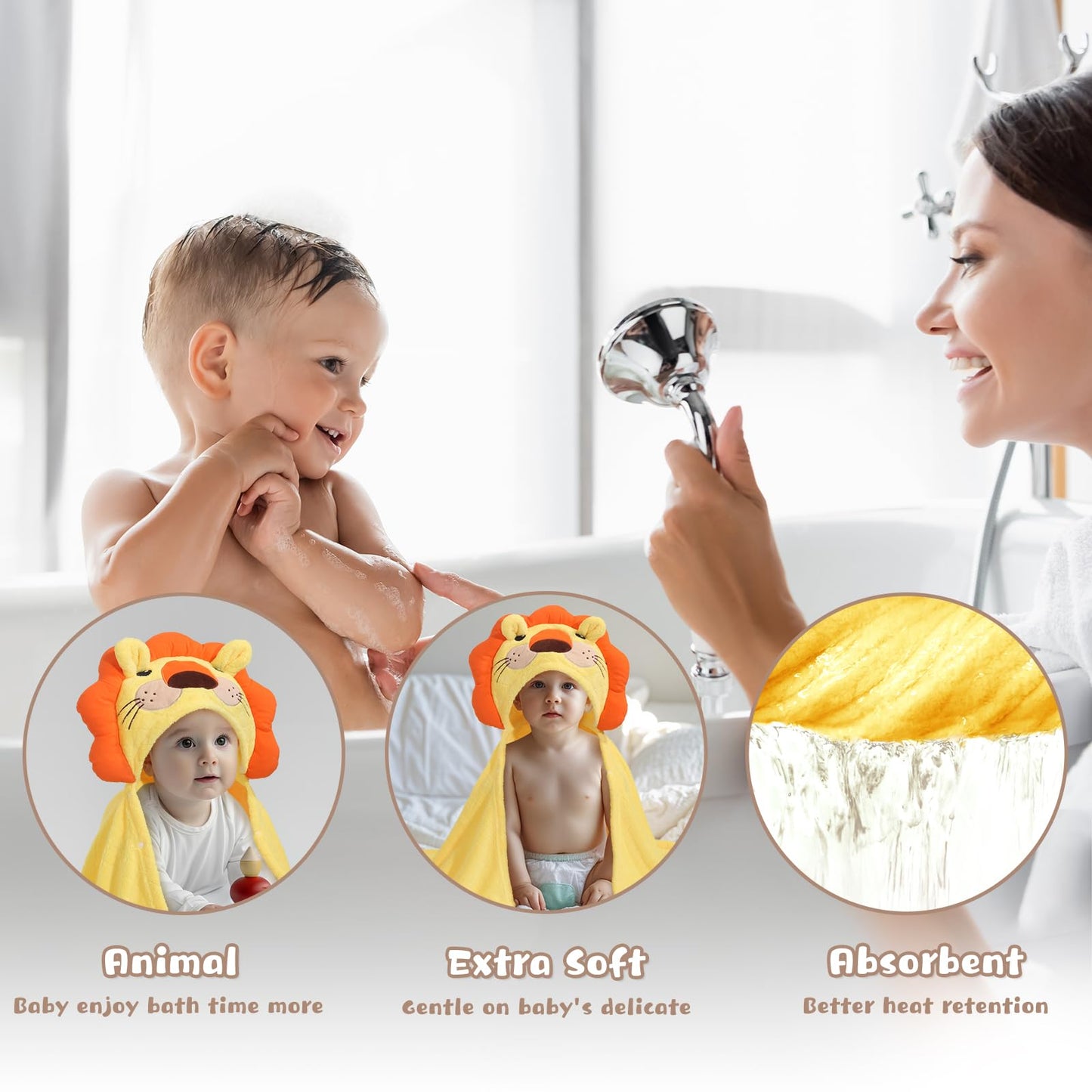Hooded Baby Towels Boy for 0-6 Years, 50"x 32" Extra Large Toddler Bath Towels with Hood for Boys & Girls, 2-Pack Absorbent Thick Soft Gift for Kids Yellow Lion & Orange Monkey