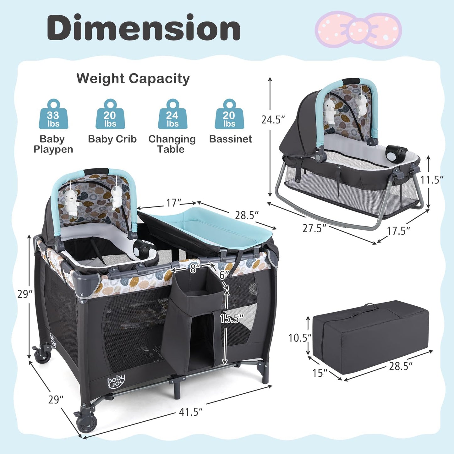 BABY JOY 5 in 1 Pack and Play, Portable Baby Playard w/Bassinet & Diaper Changing Table, Infant Pink Bassinet Crib with Toys & Music & Oxford Bag for Baby Girl Toddlers (Pink + Purple, Starry Sky)