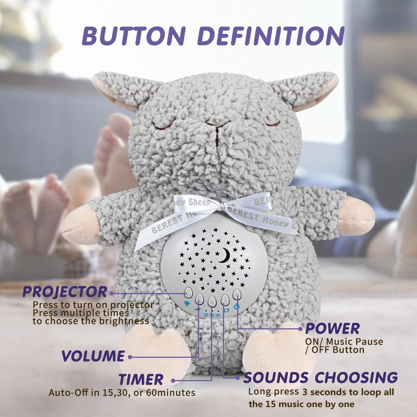 BEREST Baby Sleep Soother Sheep, Mom's Heartbeat Cry Sensor Lullabies & White Noise Sound Machine, Nursery Decor Night Light Projector Toddler Crib Sleeping Aid, Babies Shower Gifts Stuffed Animal