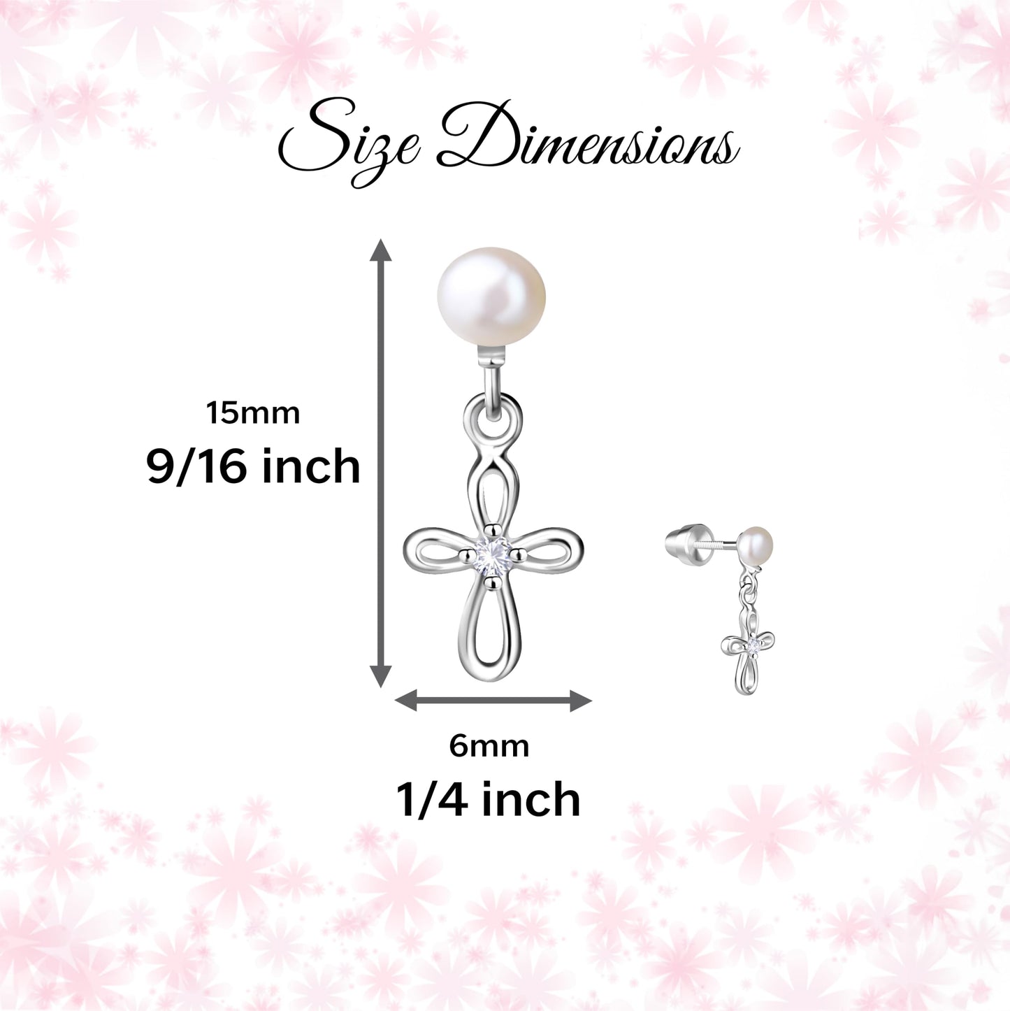 Cherished Moments Children's Sterling Silver Cultured Pearl or CZ, Dangling Cross Earrings with Screw Backs for Baptism, Christening, First Communion Gift for Babies, Kids, Toddlers, and Little Girls