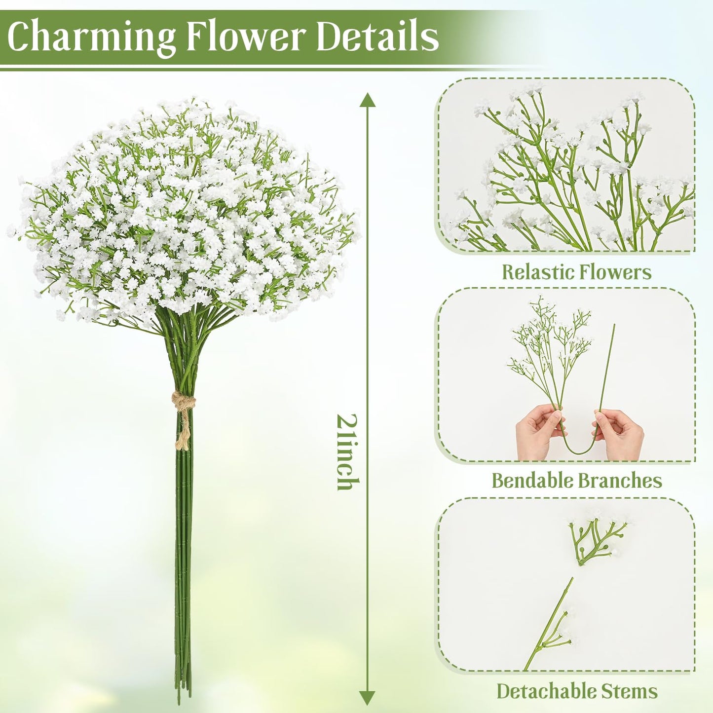 MARTINE MALL Babys Breath Artificial Flowers, 15 PCS White Baby Breath Flowers Artificial Bulk, Fake Babys Breath Gypsophila Real Touch Faux Babys Breath for Wedding Floral Arrangement Home Decor