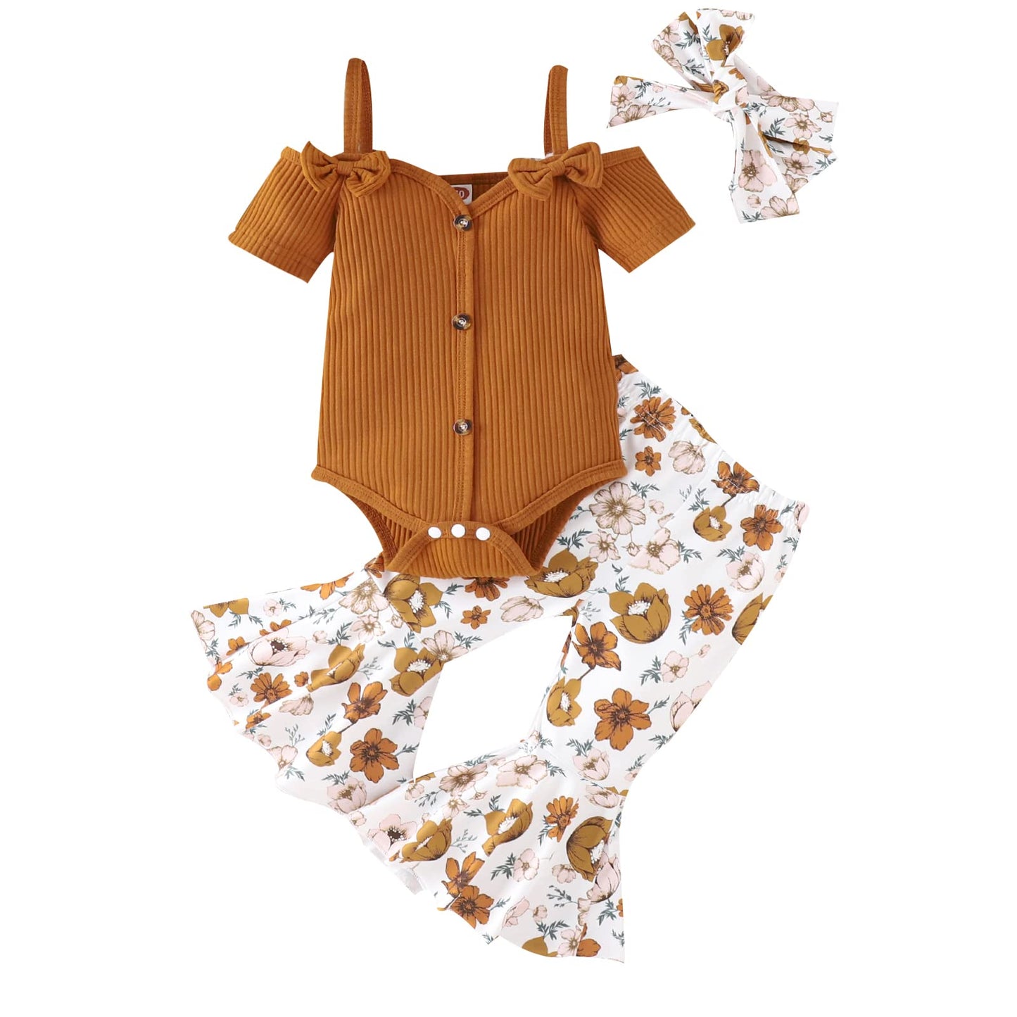 Fernvia Infant Baby Girl Clothes Suspenders Short Sleeve Ribbed Romper Flared Pants Set Headband 3pcs Summer Outfit