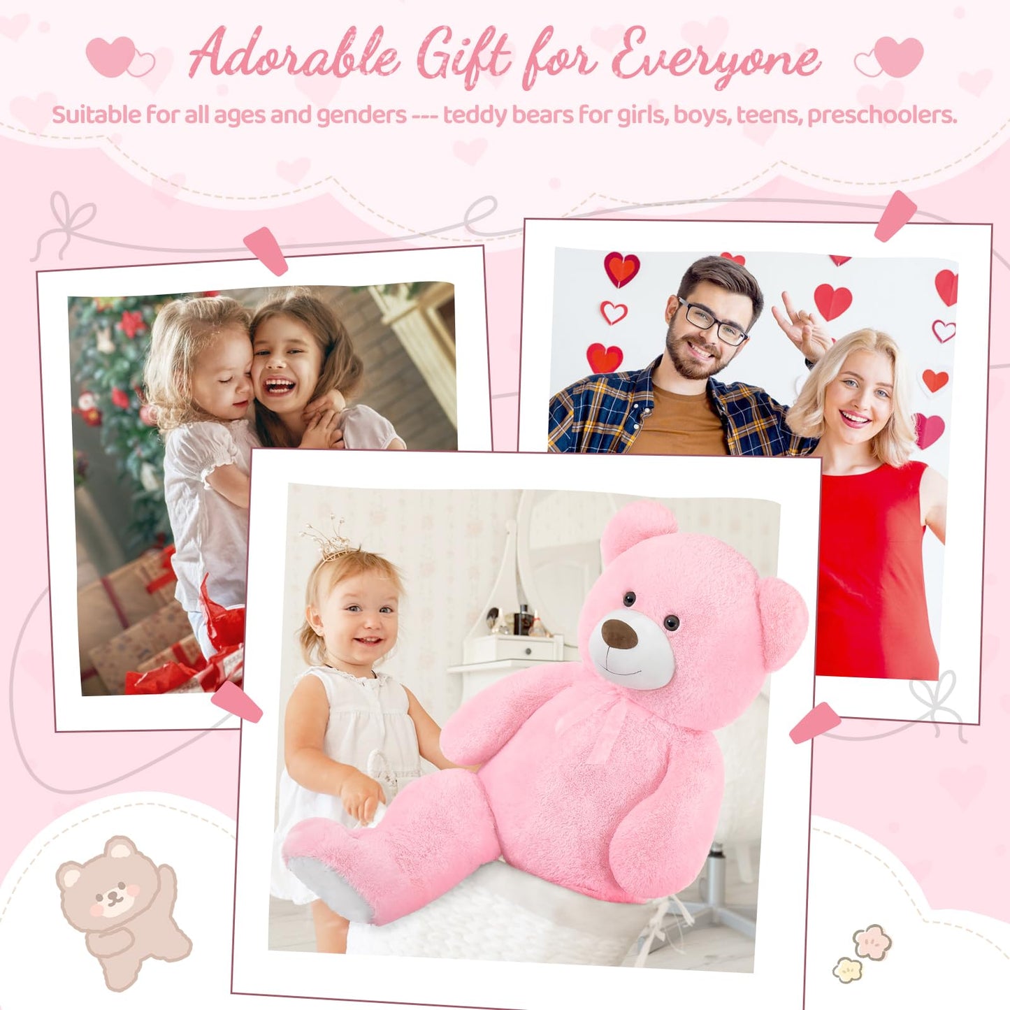51 inch Big Teddy Bear Cute Giant Stuffed Animals Soft Plush Toy for Girlfriend Kids for Birthday Christmas Valentine's Day