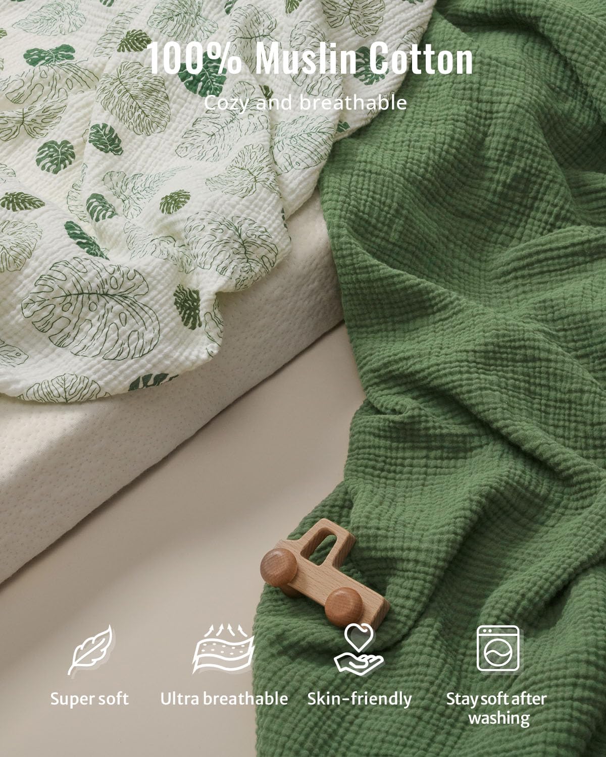 Blissful Diary Muslin Changing Pad Cover for Girls Boys, Soft Baby Diaper Change Table Pad Covers, 2 Pack (Monstera Leaves & Dark Green, Avocado)