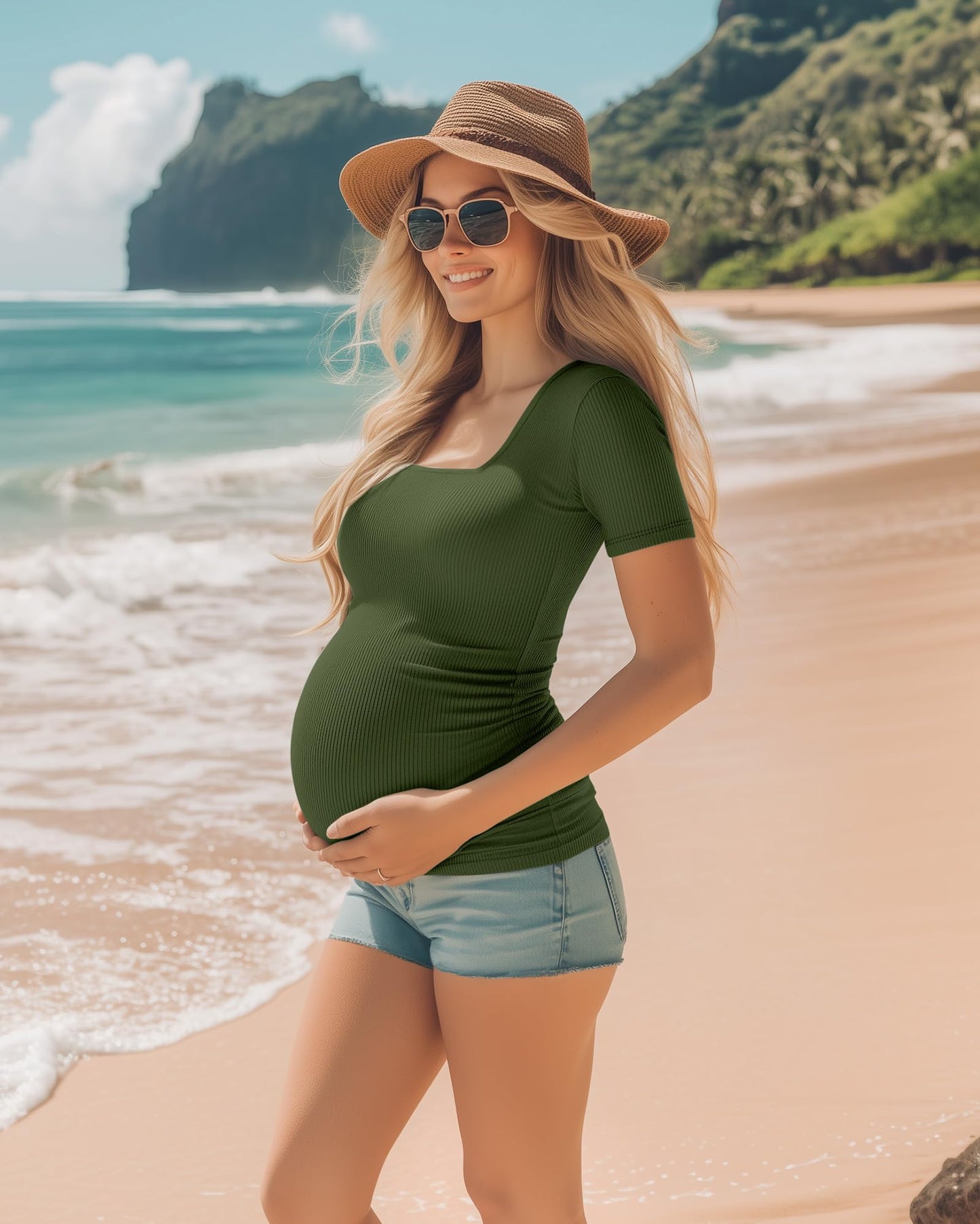 Huukeay 4 Pack Women's Maternity Shirts Cotton Ribbed Short Sleeve Square Neck Pregnancy Tops Side Ruched Summer Tee