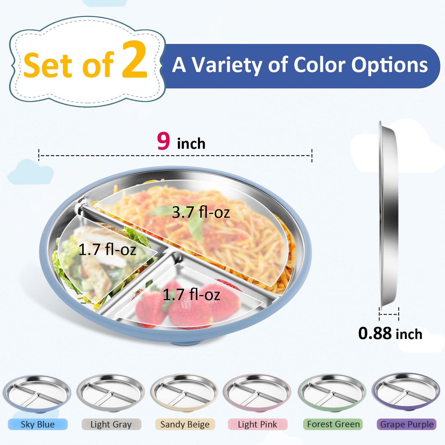 Stainless Steel Baby Plate with Suction, 9” Divided Toddler Plates with Removable Silicone Sleeves for Kids, Non-Toxic Non-Slip Unbreakable Dishwasher Safe Dinnerware Set of 2, Pink & Beige