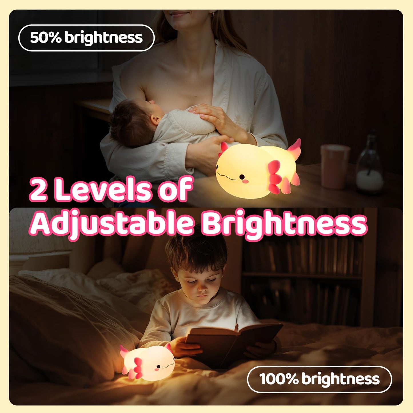 Huggwaii Squishy Axolotl Night Light for Kids – Dimmable Silicone Axolotl Lamp, 2025 Upgraded Baby Night Light, Rechargeable, 20H Battery Life, Sleep Aid Gift for Toddlers, Girls&Room Decor