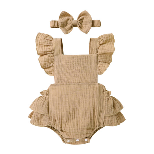 Happy Town Baby Girl Clothes Toddler Summer Linen Romper Sleeveless Ruffle Outfits Infant Girls Jumpsuit with Headband