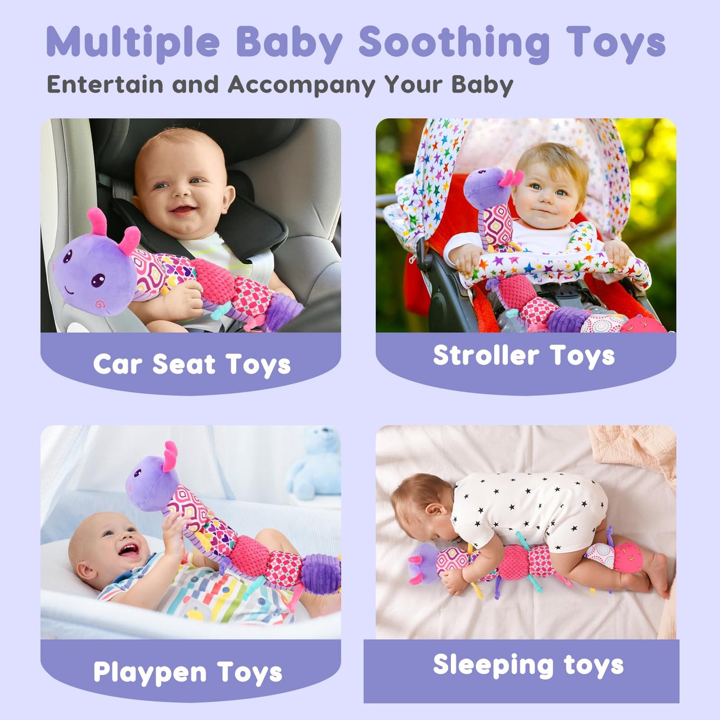 Baby Sensory Toy 0-6 Month Music Animal Stuffed Plush Caterpillar Toy for Infant 0-3-6 Month Tummy Time with Baby Mirror Crinkle Rattle for 6-12 Month Carseat Toy for Newborn Boys Girls Shower Gifts
