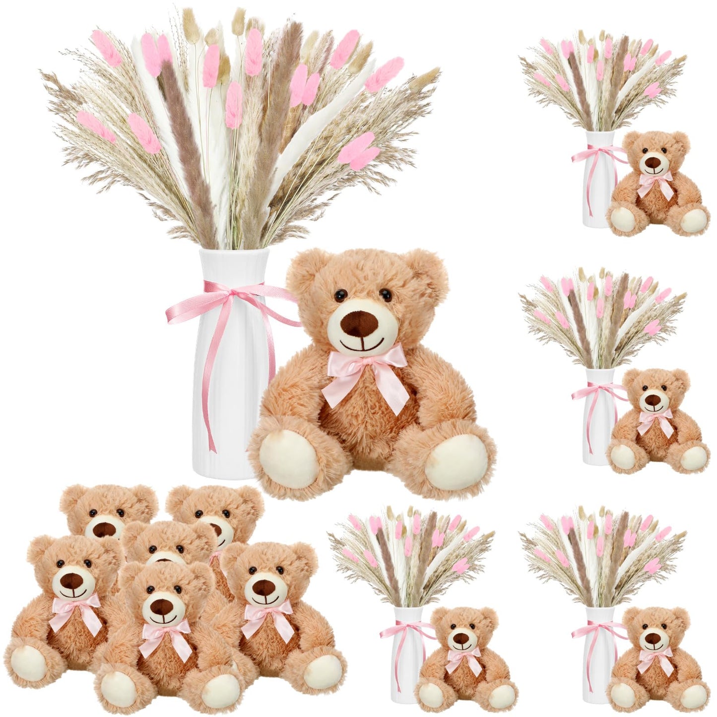 6 Sets 123 Pcs Baby Shower Table Centerpieces Dried Pampas Decor Bear Stuffed Ceramic Look Plastic Vase with Bow for Boho Wedding Bridal Shower Flowers Table Decorations(Brown,Neutral)