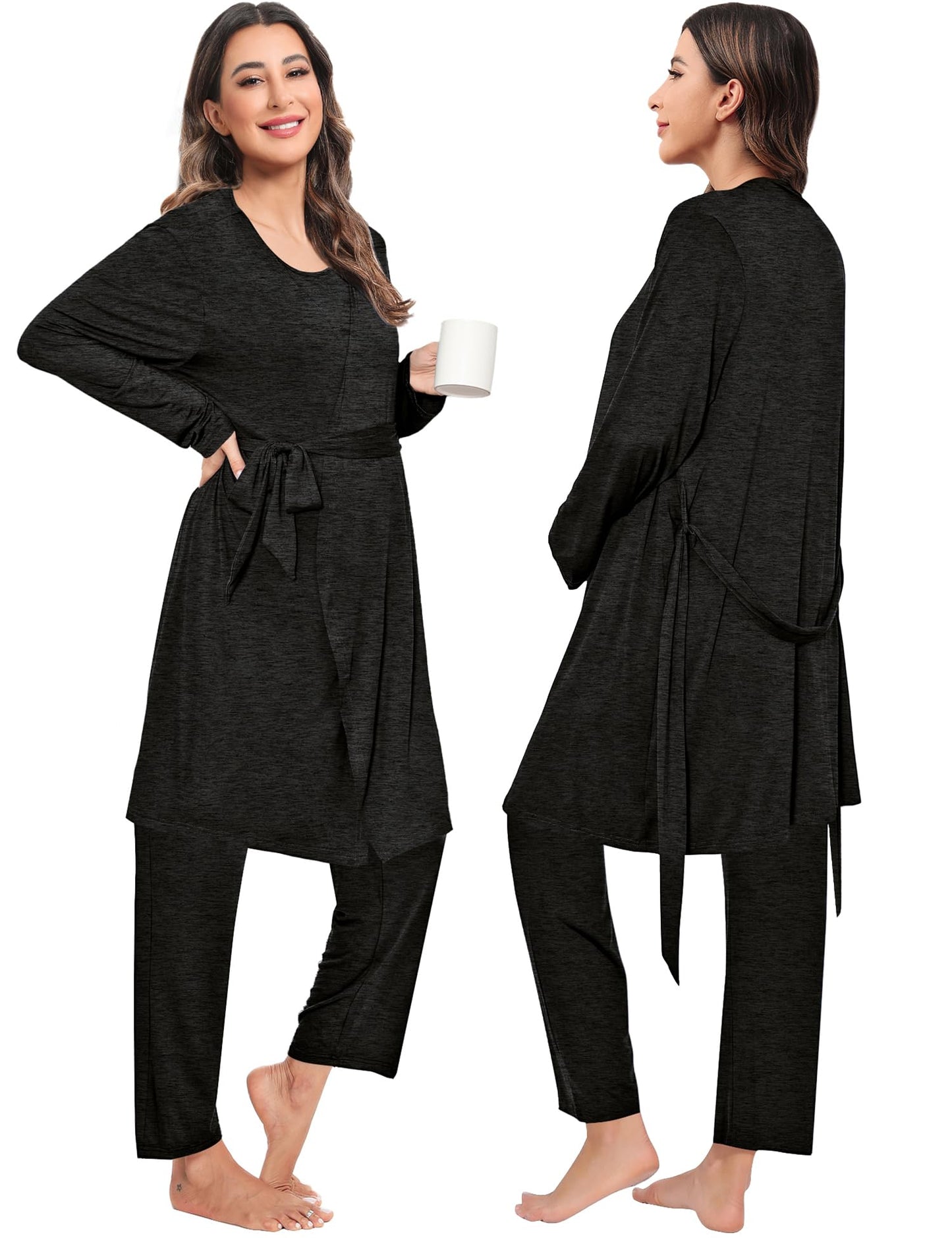 SWOMOG Maternity Nursing Robe Set 3 PCS Postpartum Breastfeeding Pajamas Hospital Pregnancy Pjs Double Layer Lounge Set