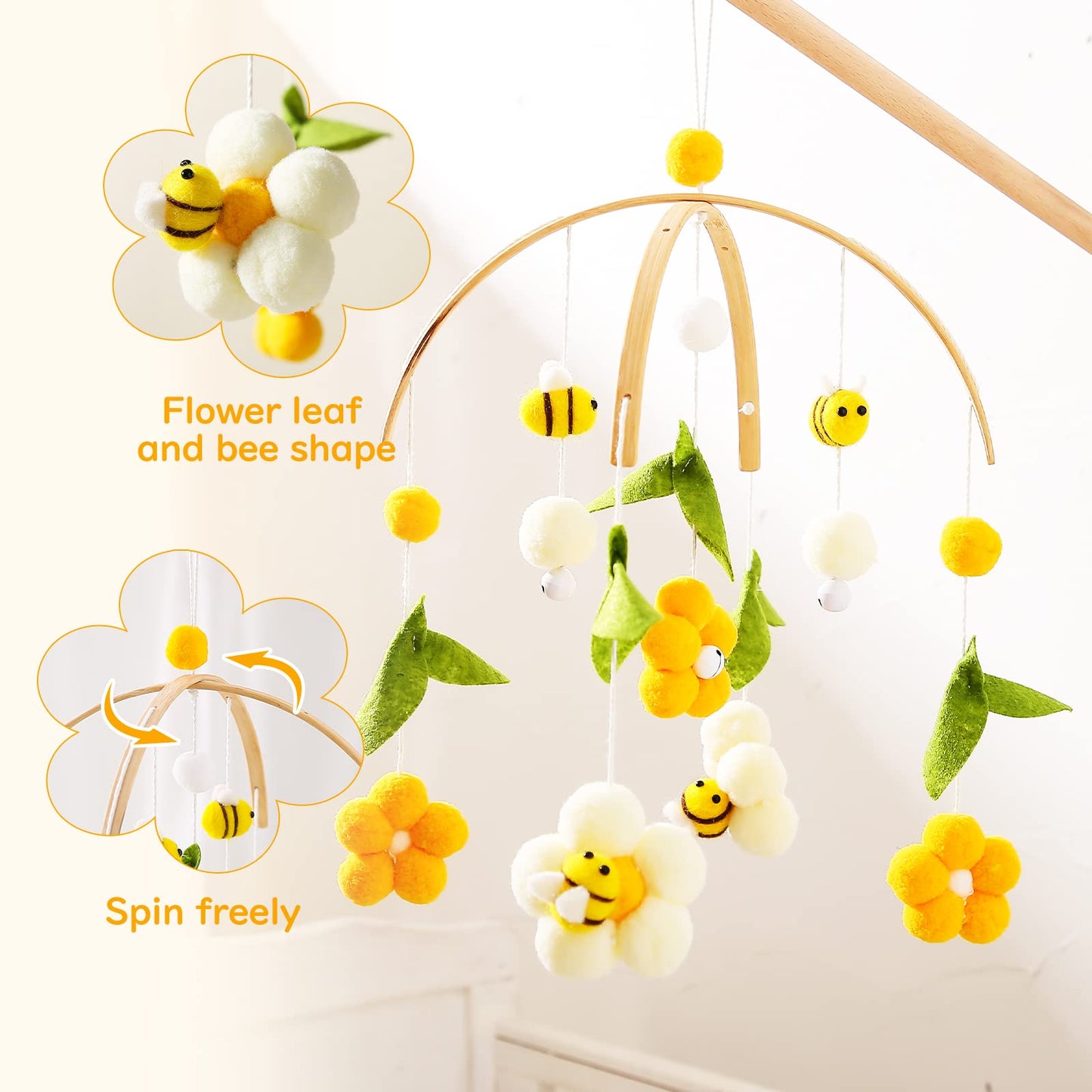 OESSUF Baby Mobile for Crib, Crib Nursery Mobile for Boys Girls, Boho Bee Flower Nursery Decor Soothe Toy Baby Shower Set for Infant Bedroom Hanging Decoration Toy, Pink