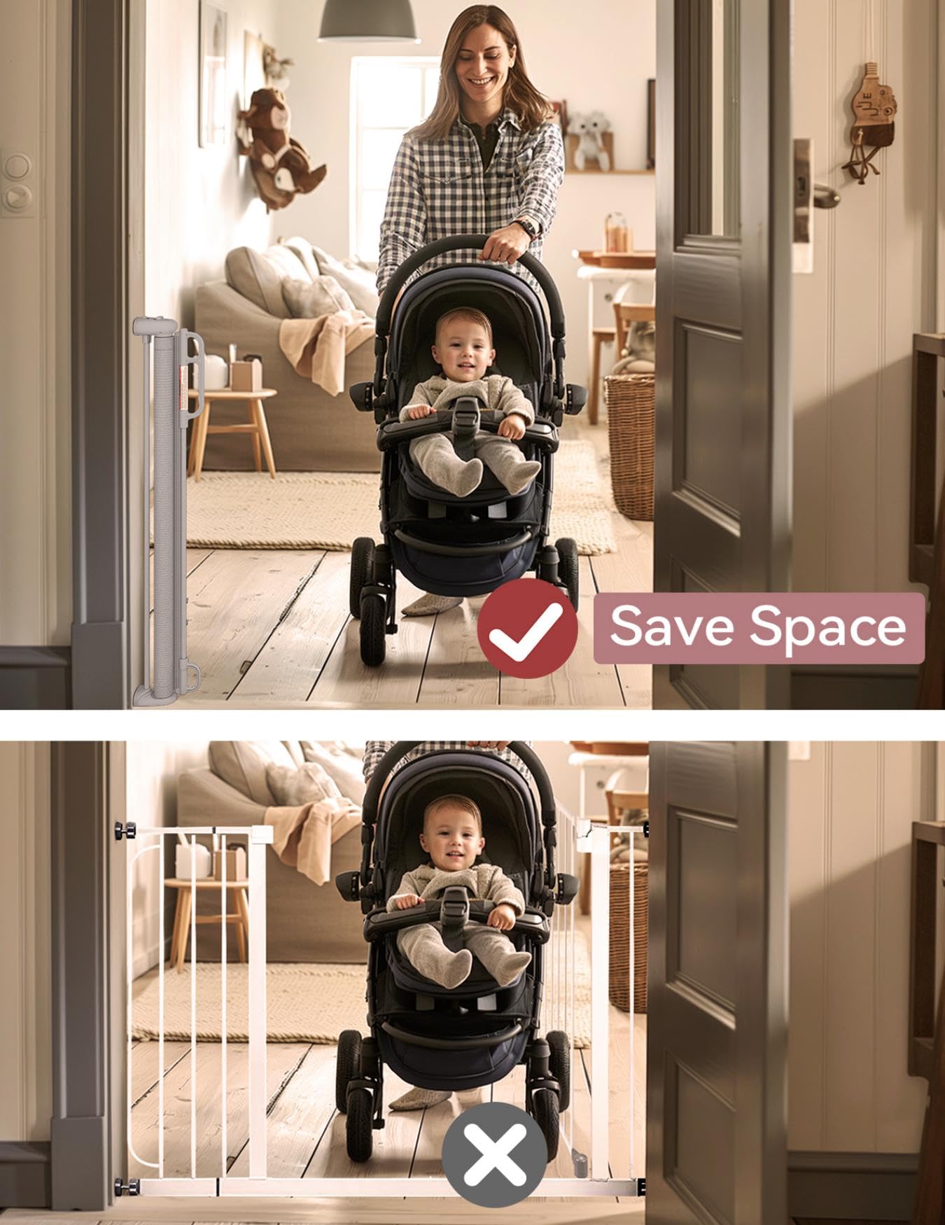Momcozy Retractable Baby Gate, 33" Tall, Extends up to 55" Wide, Child Safety Baby Gates for Stairs, Doorways, Hallways, Indoor, Outdoor
