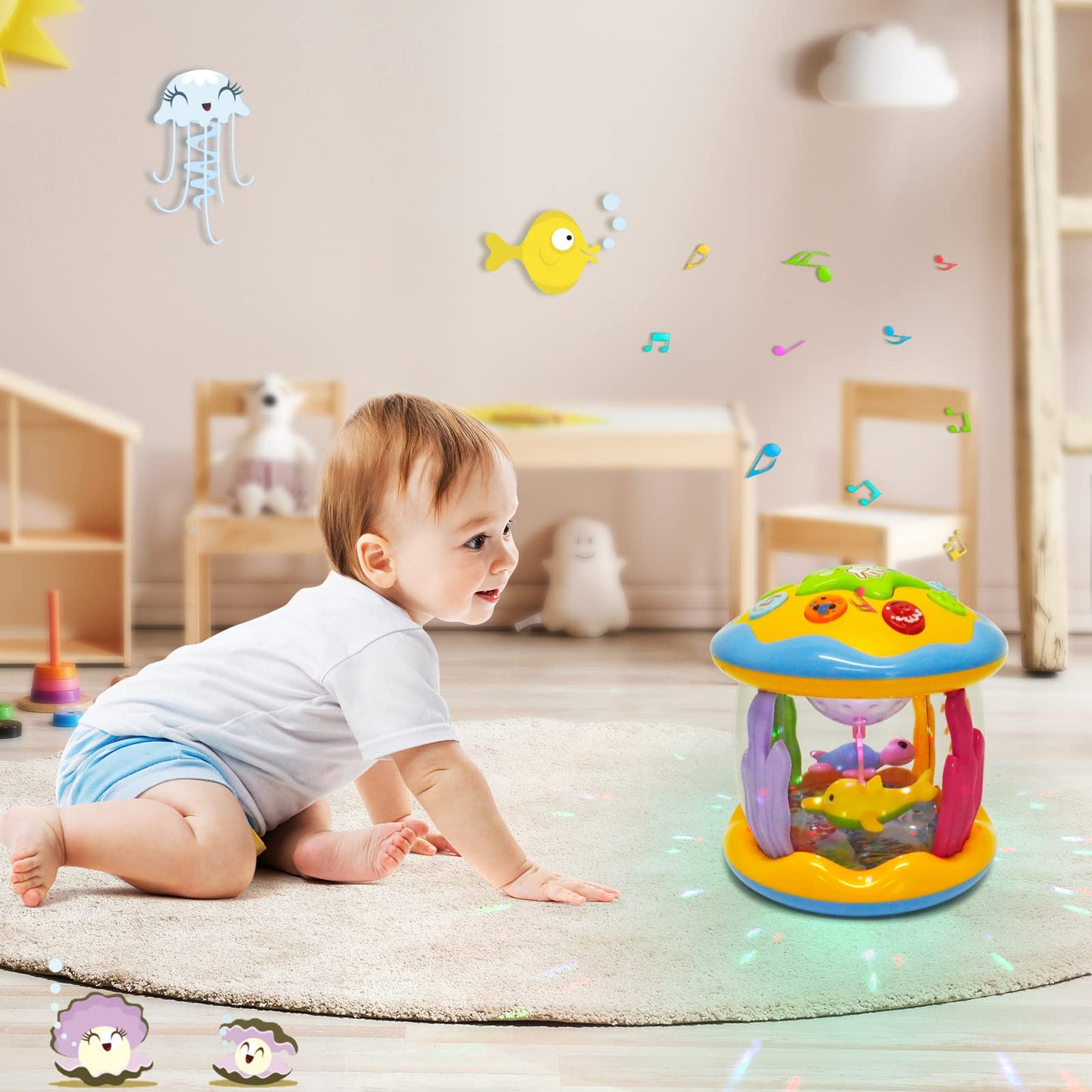 M SANMERSEN Baby Girl Toys 6-12 Months - Babies Ocean Rotating Projector Light Up Musical Toys for 12-18 Months Crawling Learning Tummy Time 1 2 Years Old Infant Boys Girls Gifts - Pink