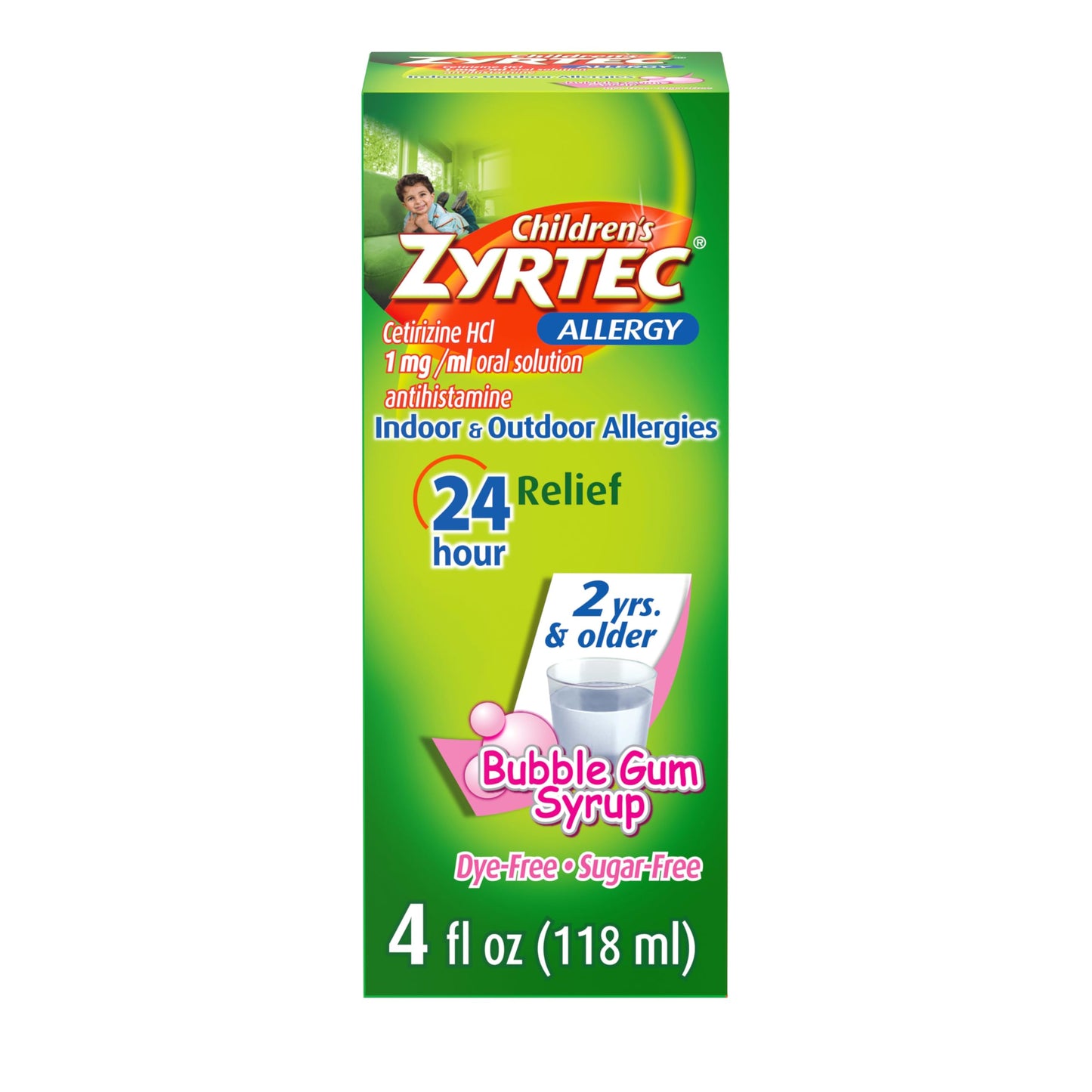Zyrtec Children's 24 Hour Allergy Relief Syrup, 5 mg Cetirizine Hydrochloride Antihistamine, Kids Allergy Medicine for Indoor & Outdoor Allergy Relief, Dye- & Sugar-Free, Grape, 8 fl. oz
